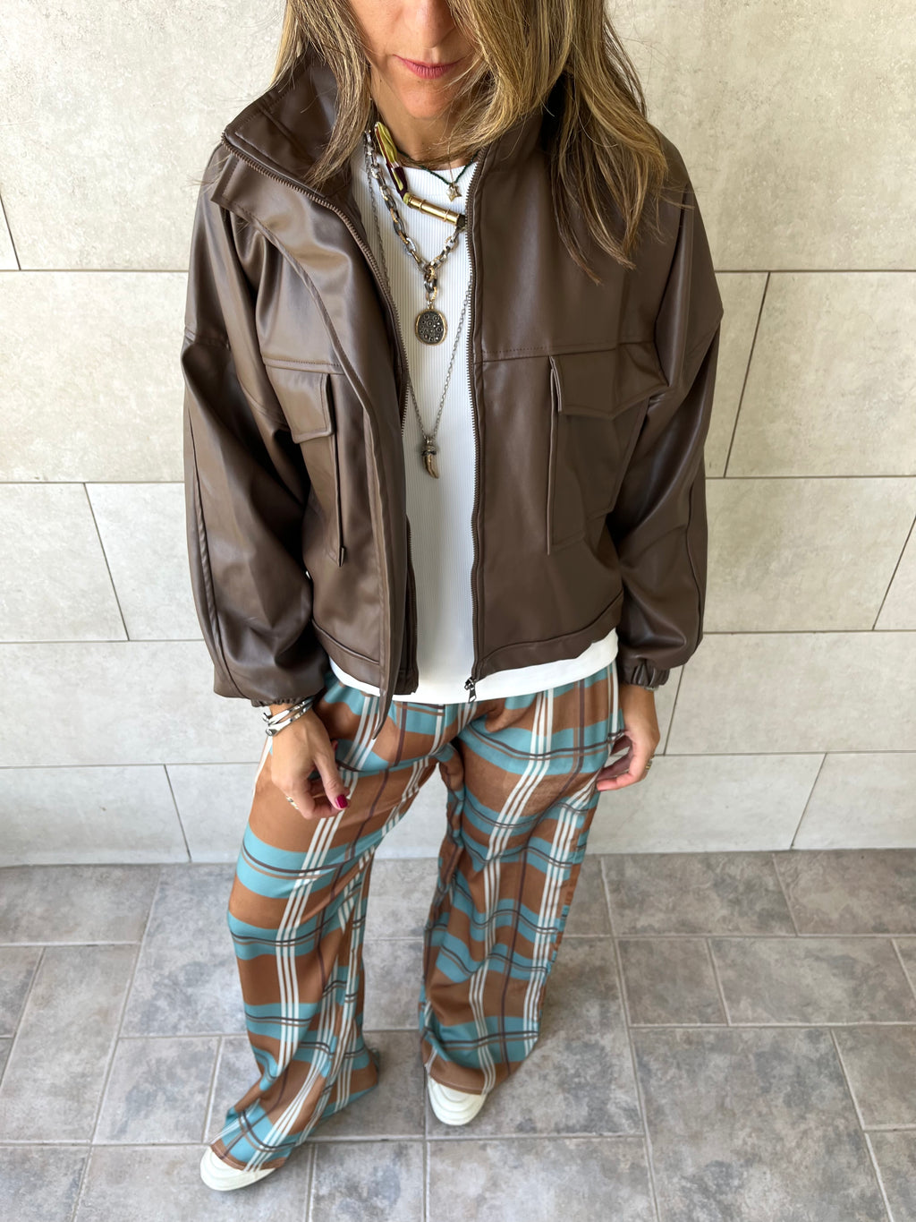 Brown Funnel Neck Leather Jacket