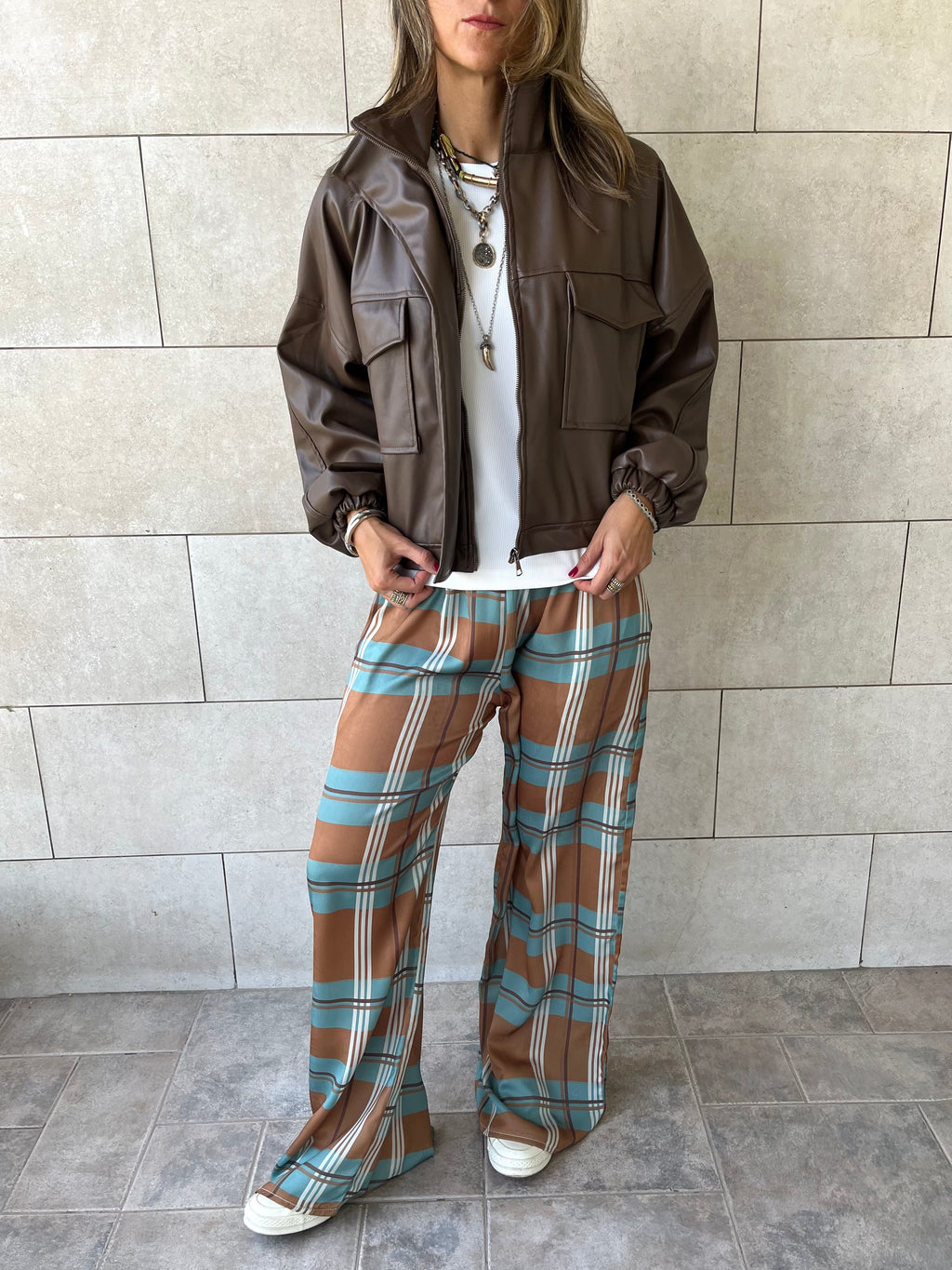 Brown Funnel Neck Leather Jacket