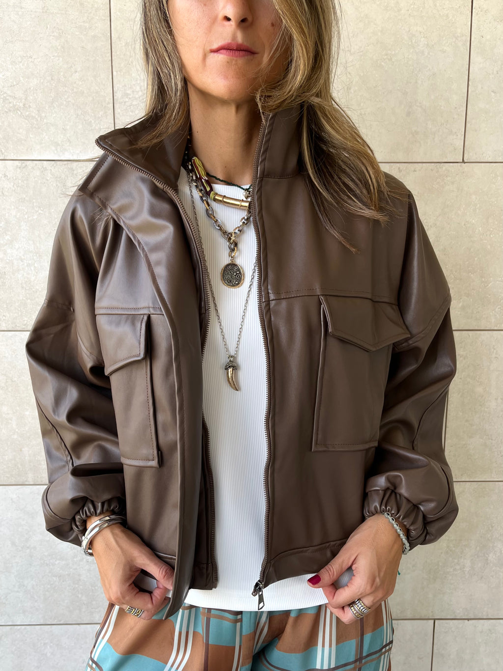 Brown Funnel Neck Leather Jacket
