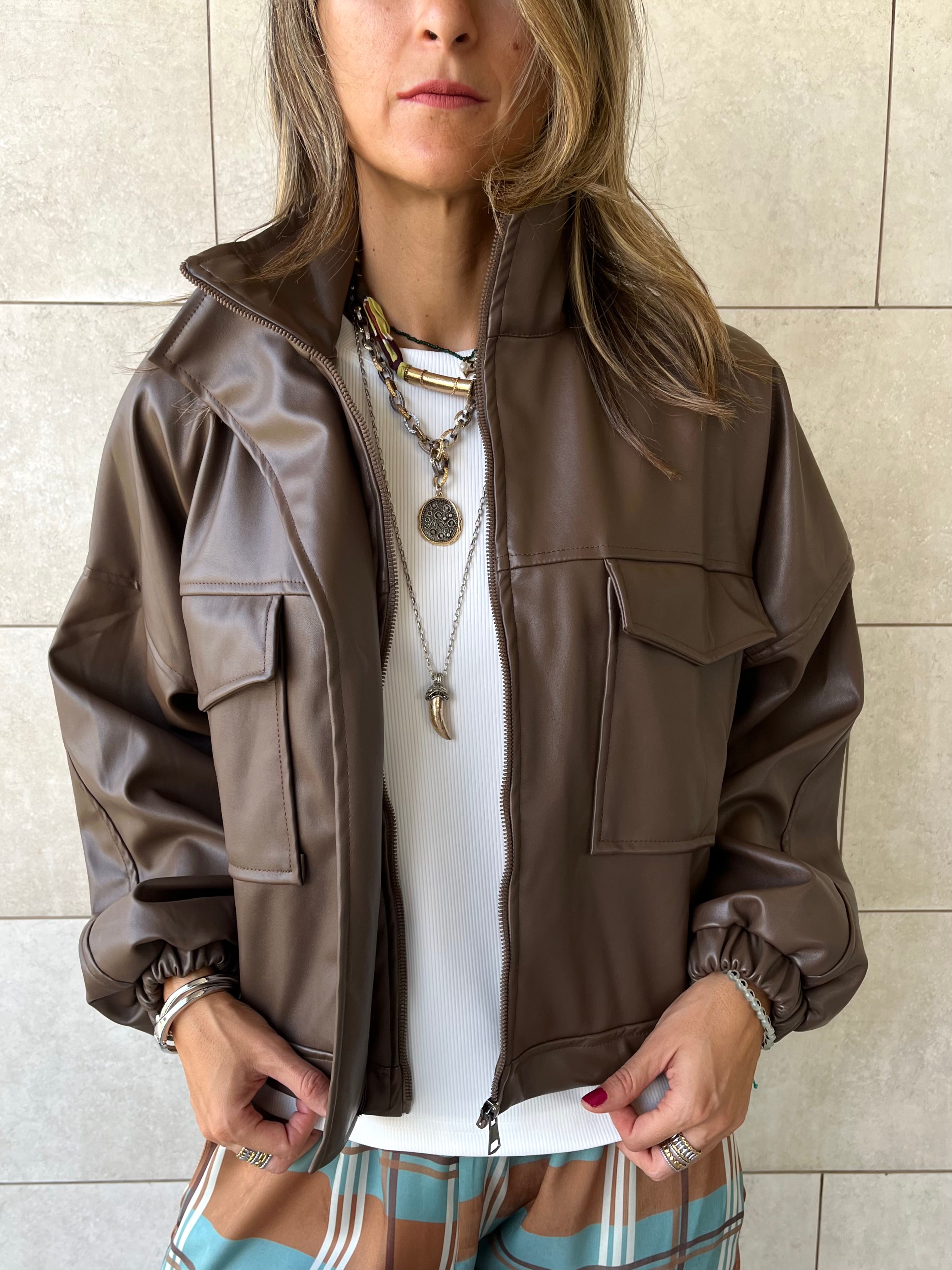 Brown Funnel Neck Leather Jacket