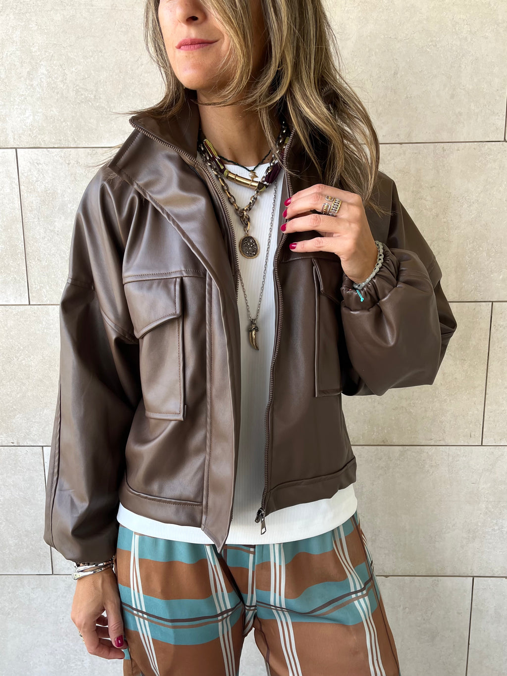 Brown Funnel Neck Leather Jacket