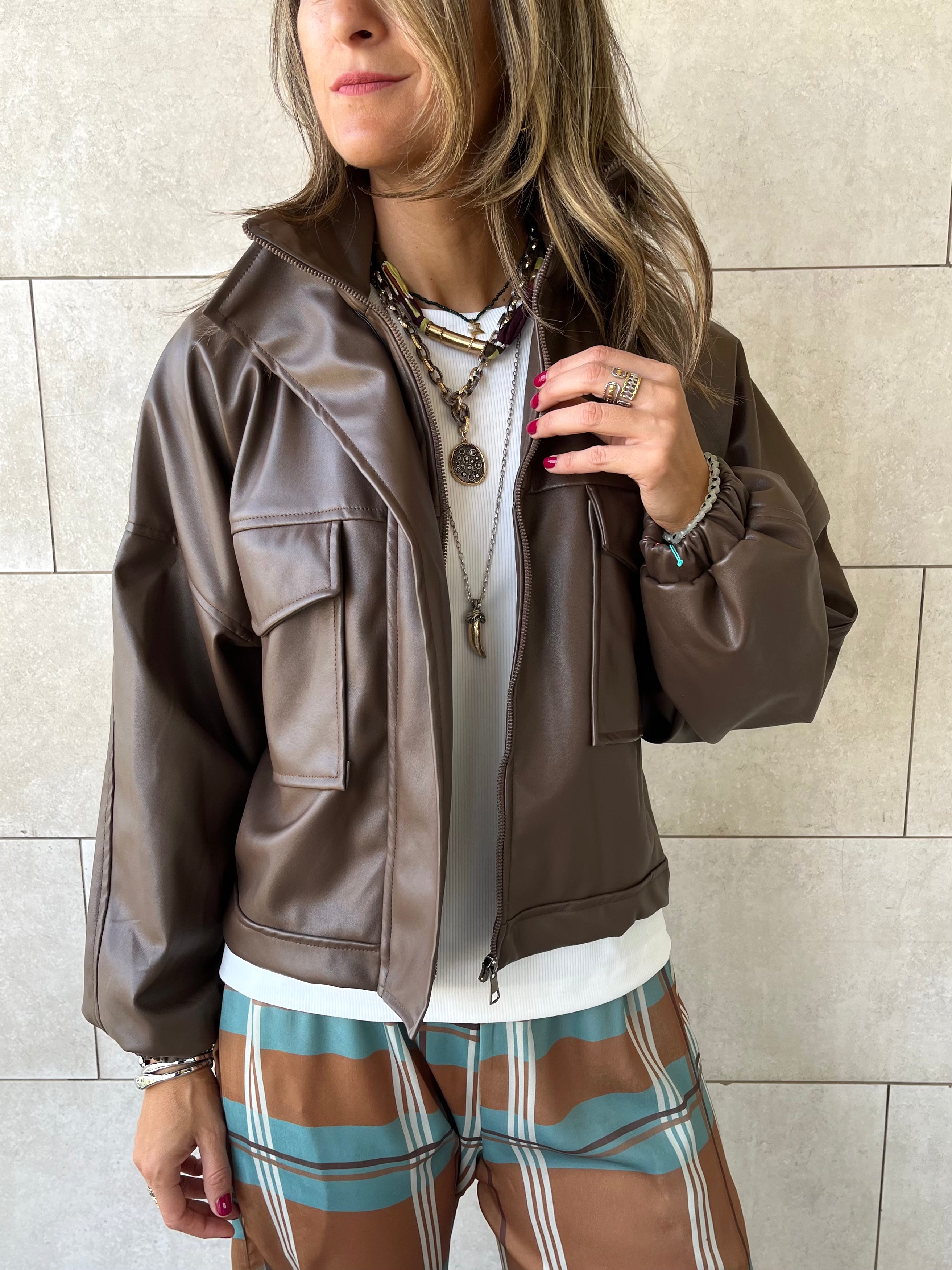 Brown Funnel Neck Leather Jacket