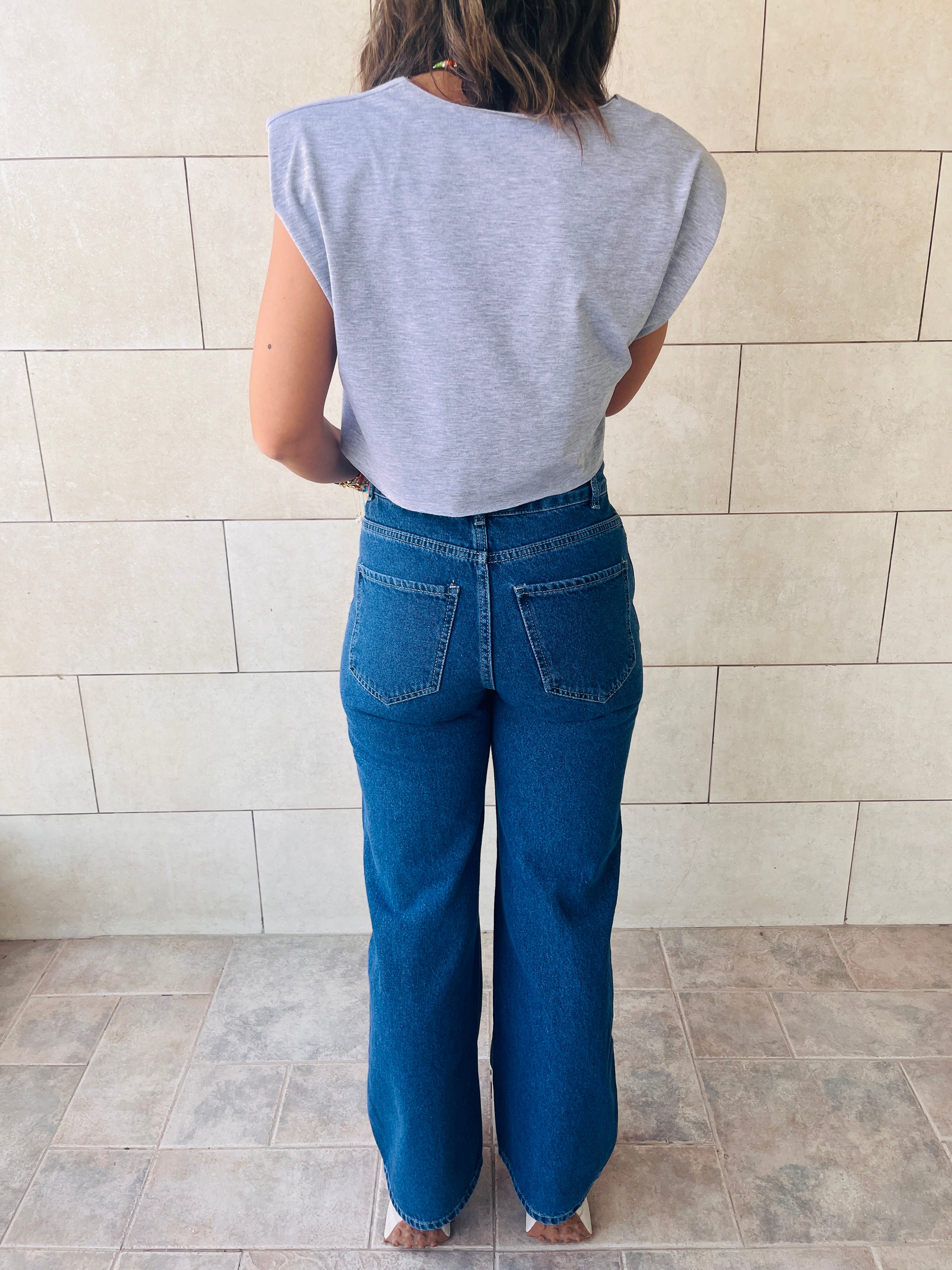 Grey Boxy Shoulder Cropped Tee