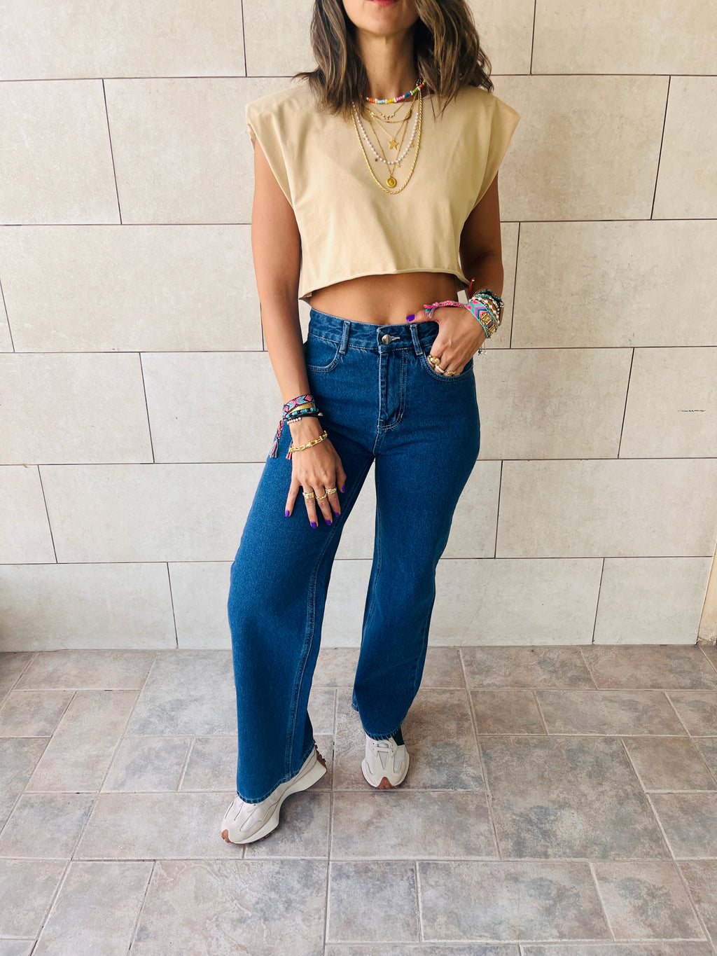 Beige Boxy Shoulder Cropped Tee