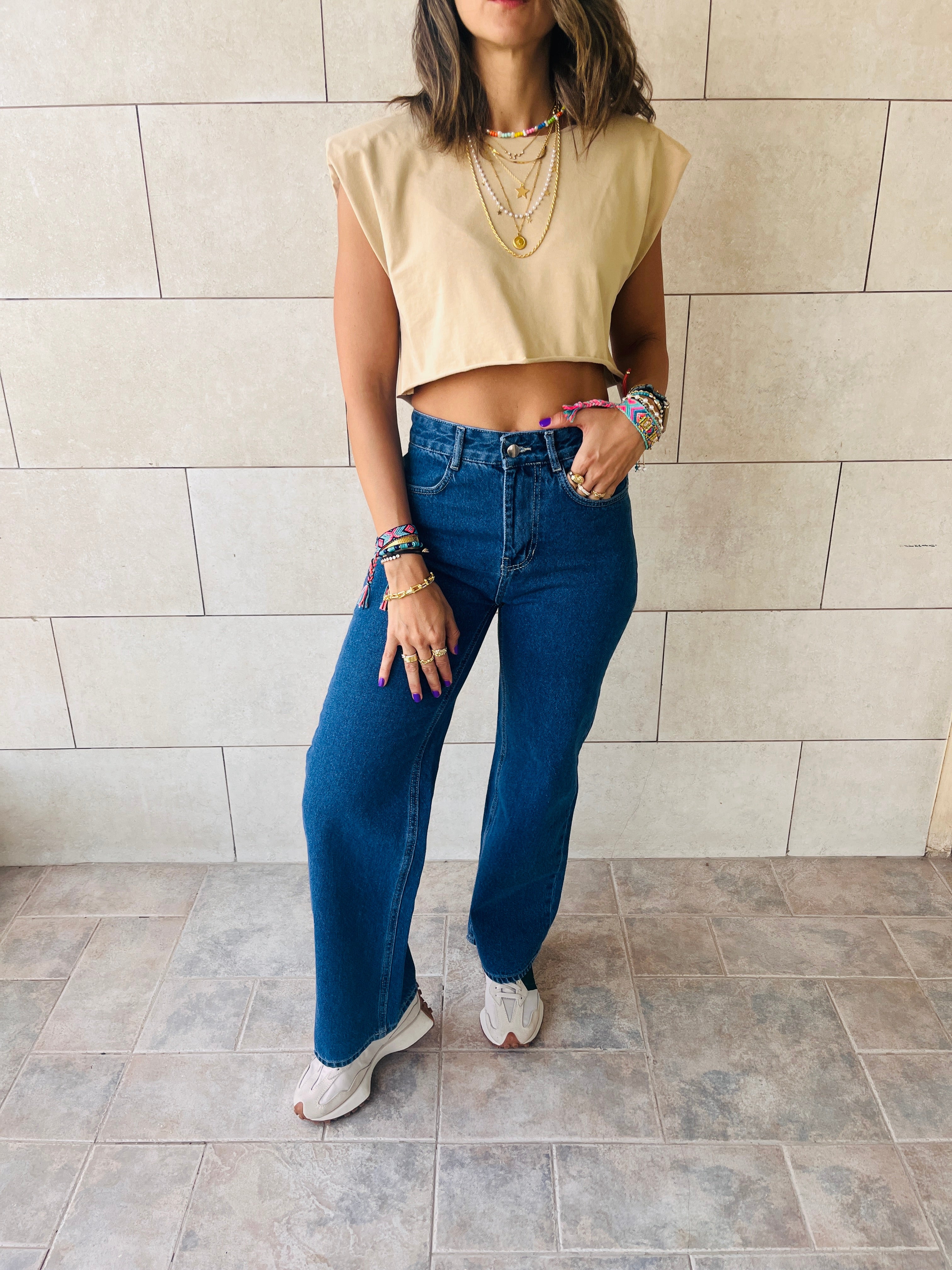 Beige Boxy Shoulder Cropped Tee