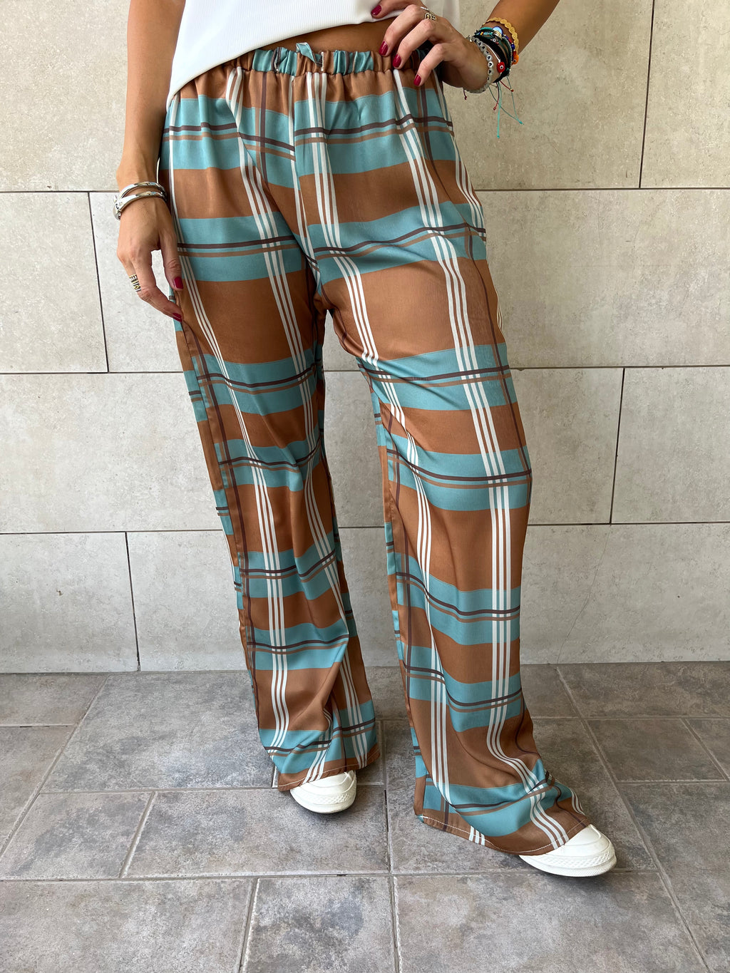 Camel Plaid Satin Rope Pants
