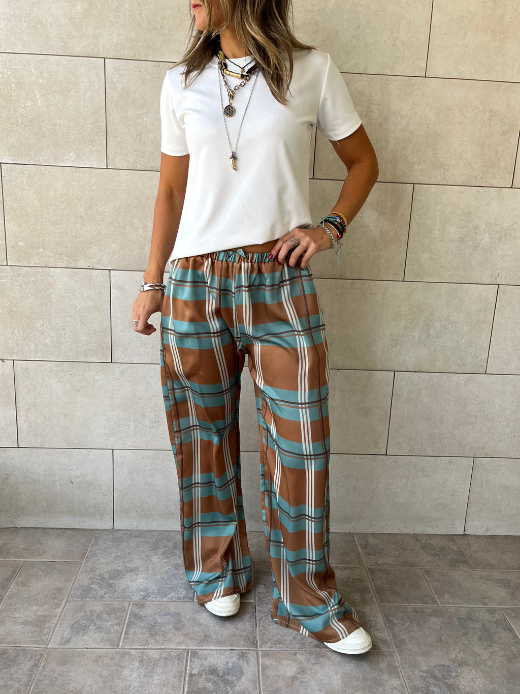 Camel Plaid Satin Rope Pants