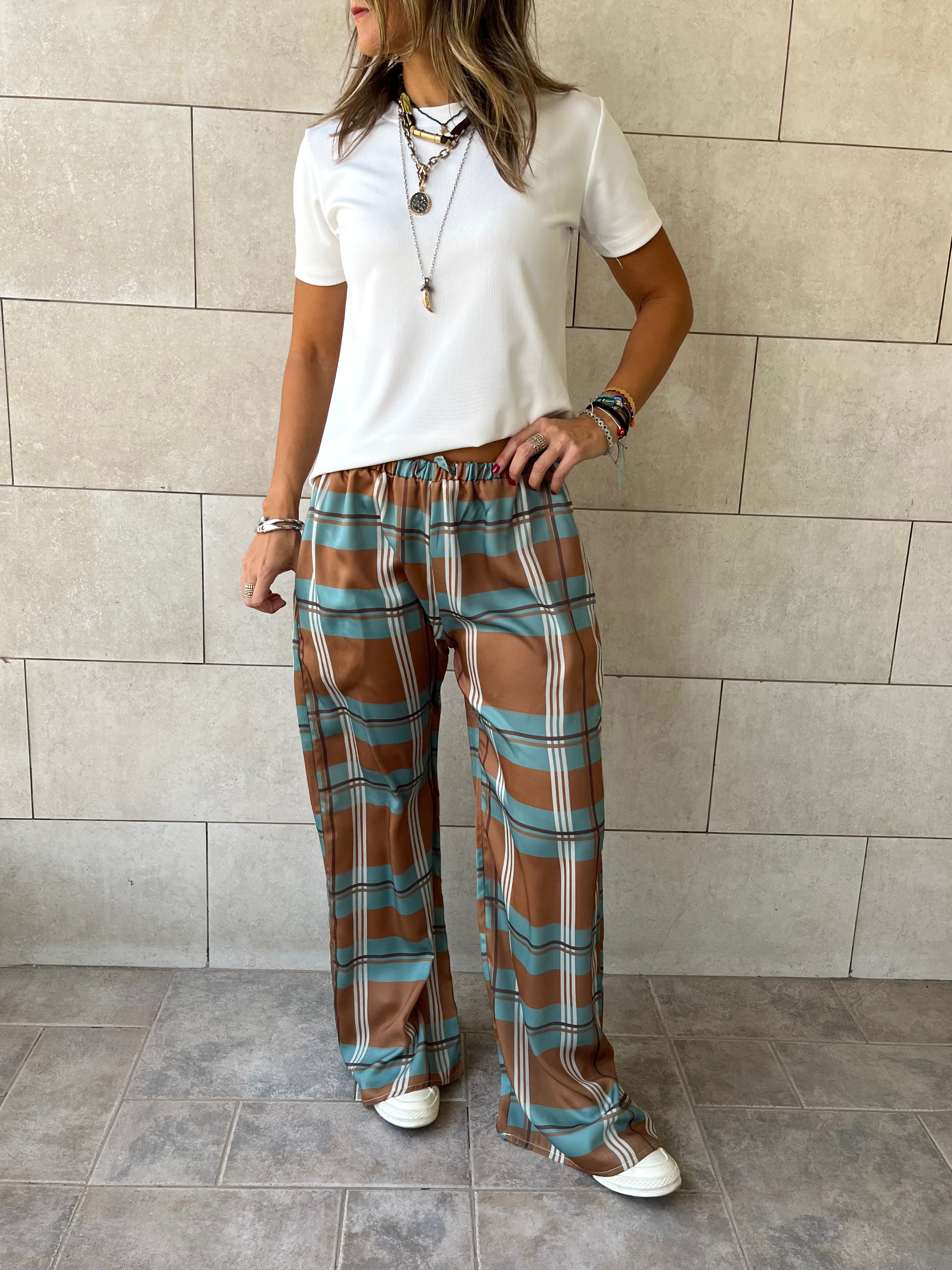 Camel Plaid Satin Rope Pants