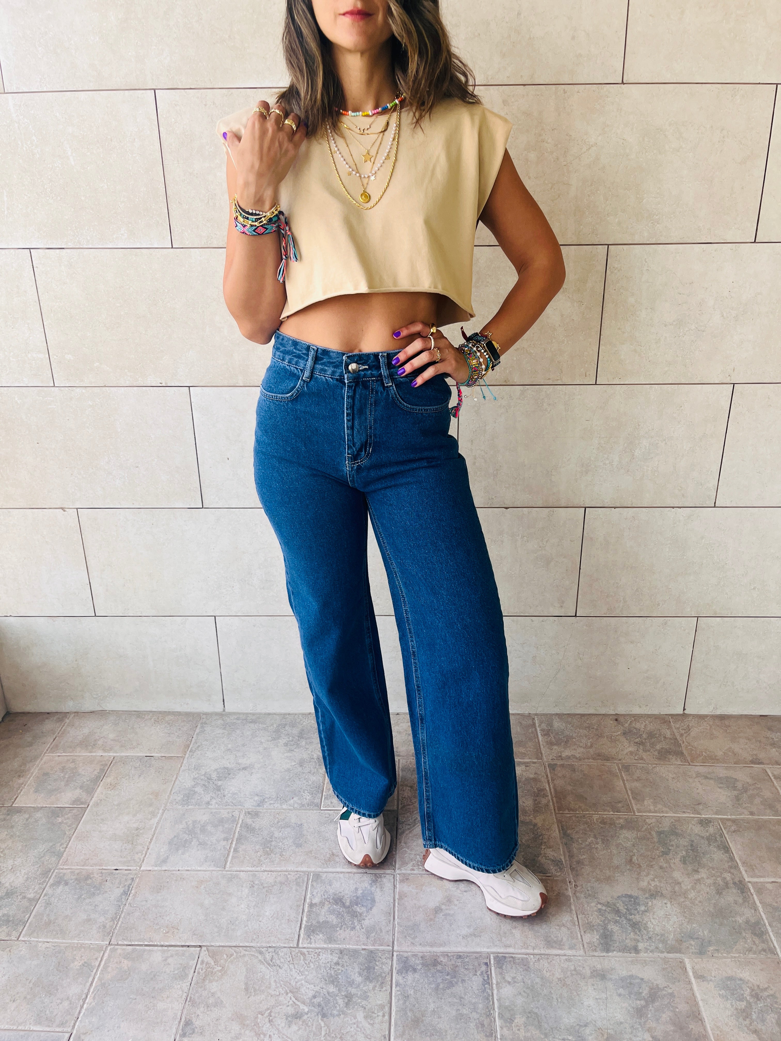 Beige Boxy Shoulder Cropped Tee