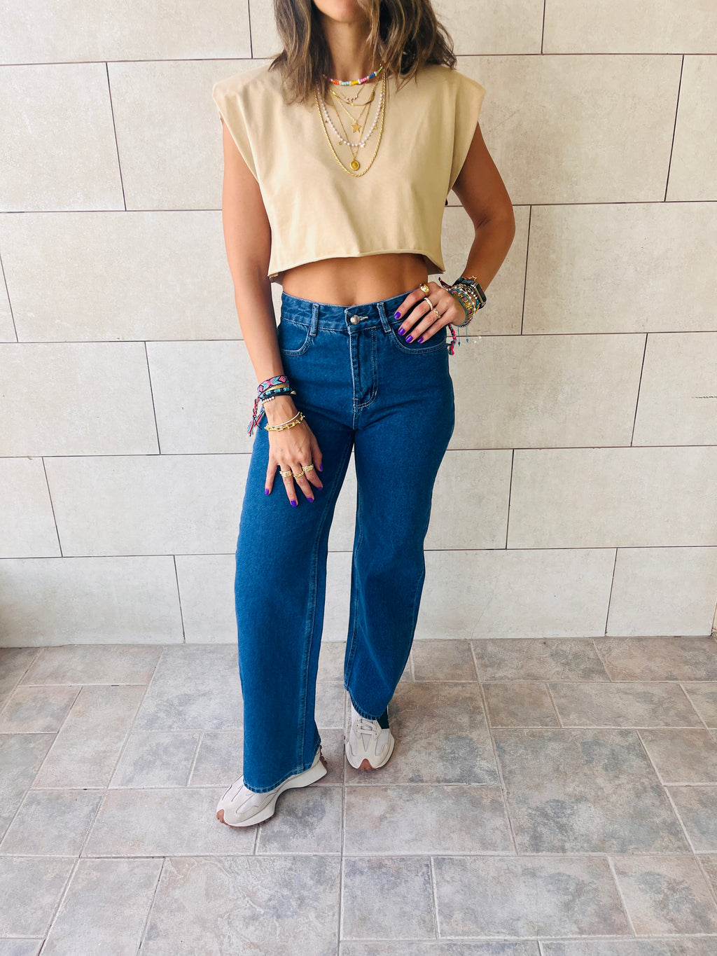 Beige Boxy Shoulder Cropped Tee