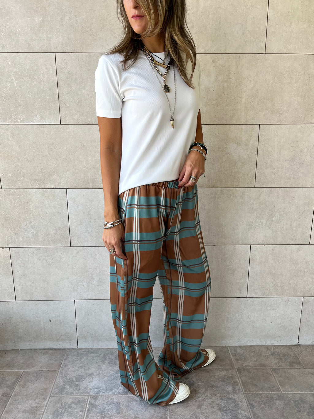 Camel Plaid Satin Rope Pants