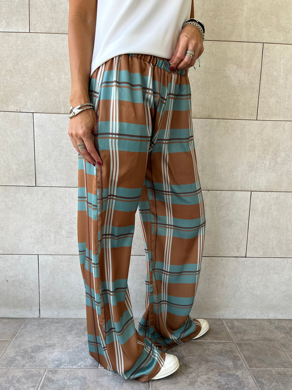 Camel Plaid Satin Rope Pants