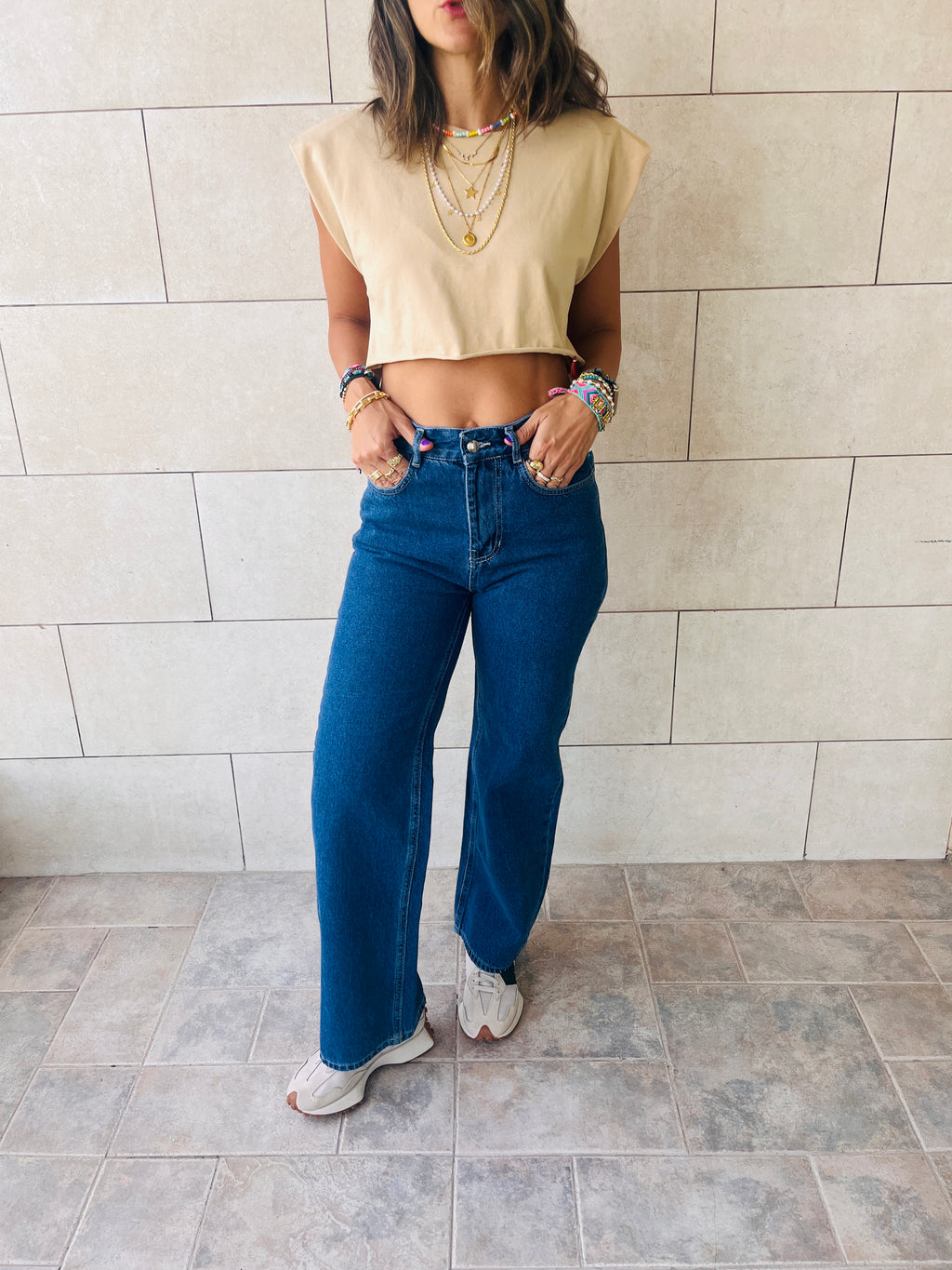 Beige Boxy Shoulder Cropped Tee