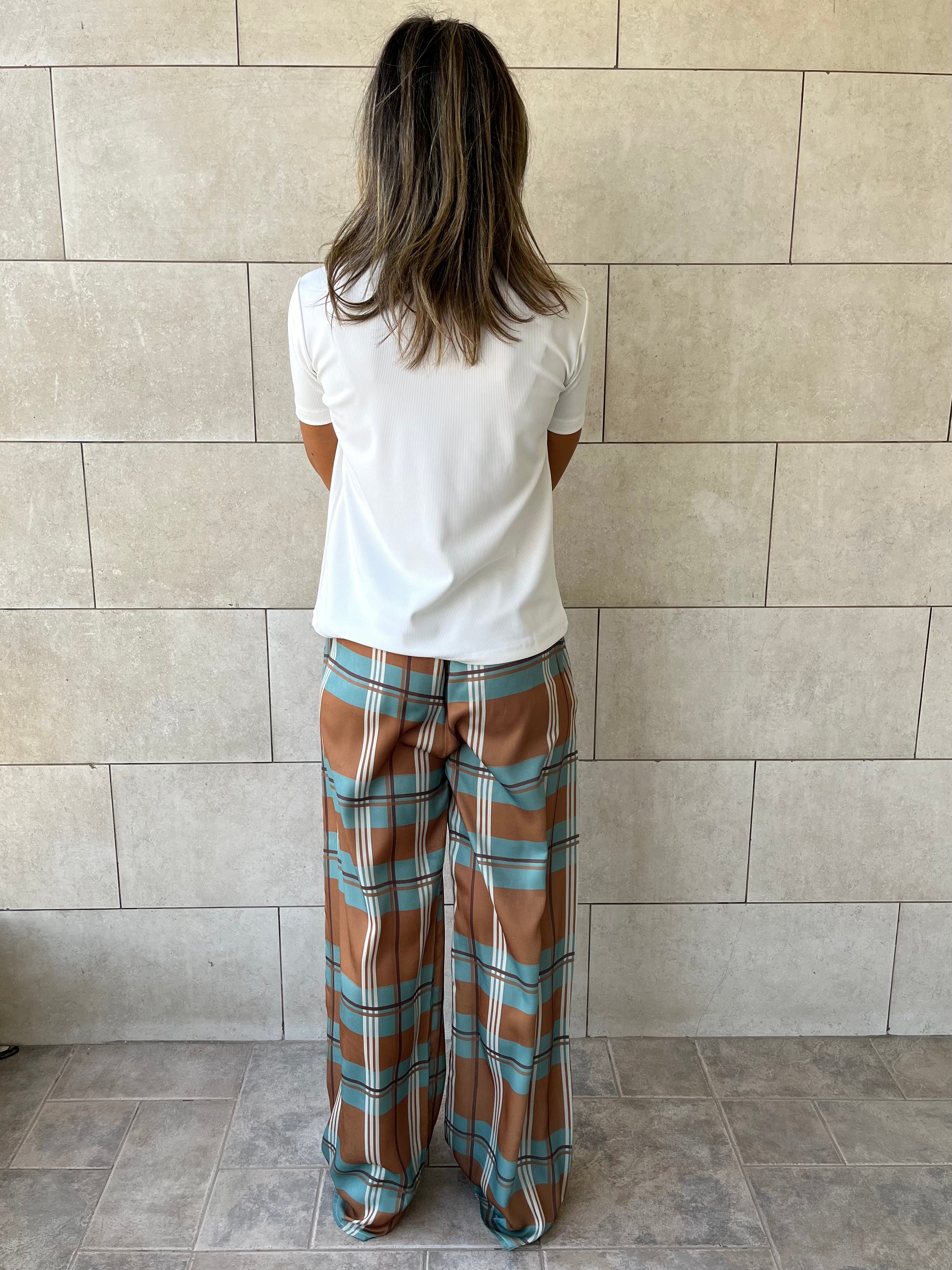 Camel Plaid Satin Rope Pants