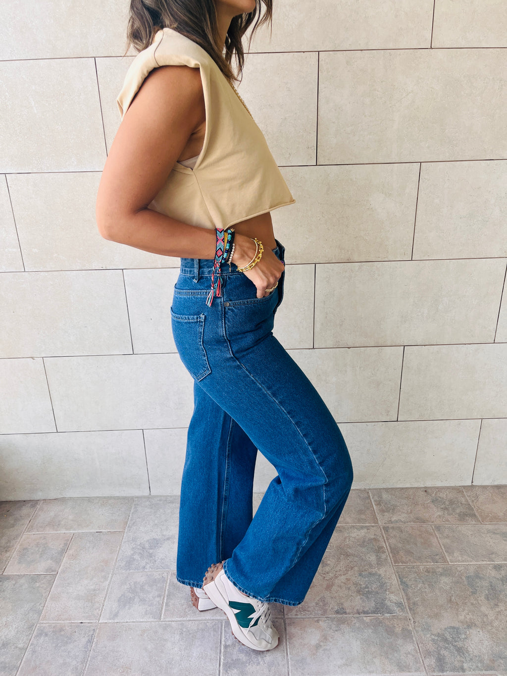 Beige Boxy Shoulder Cropped Tee