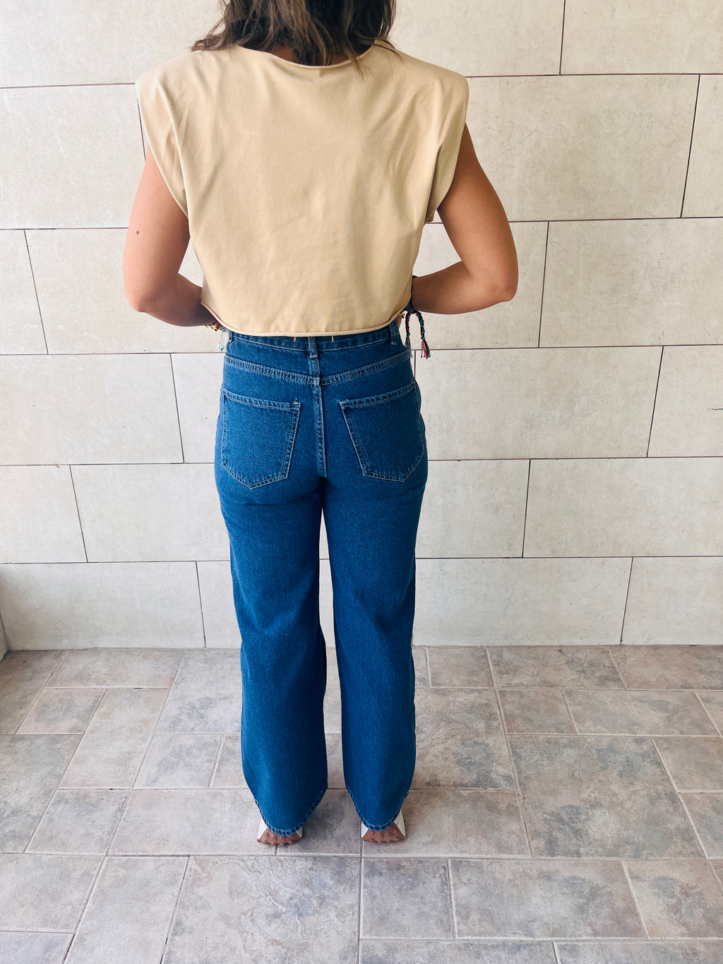 Beige Boxy Shoulder Cropped Tee