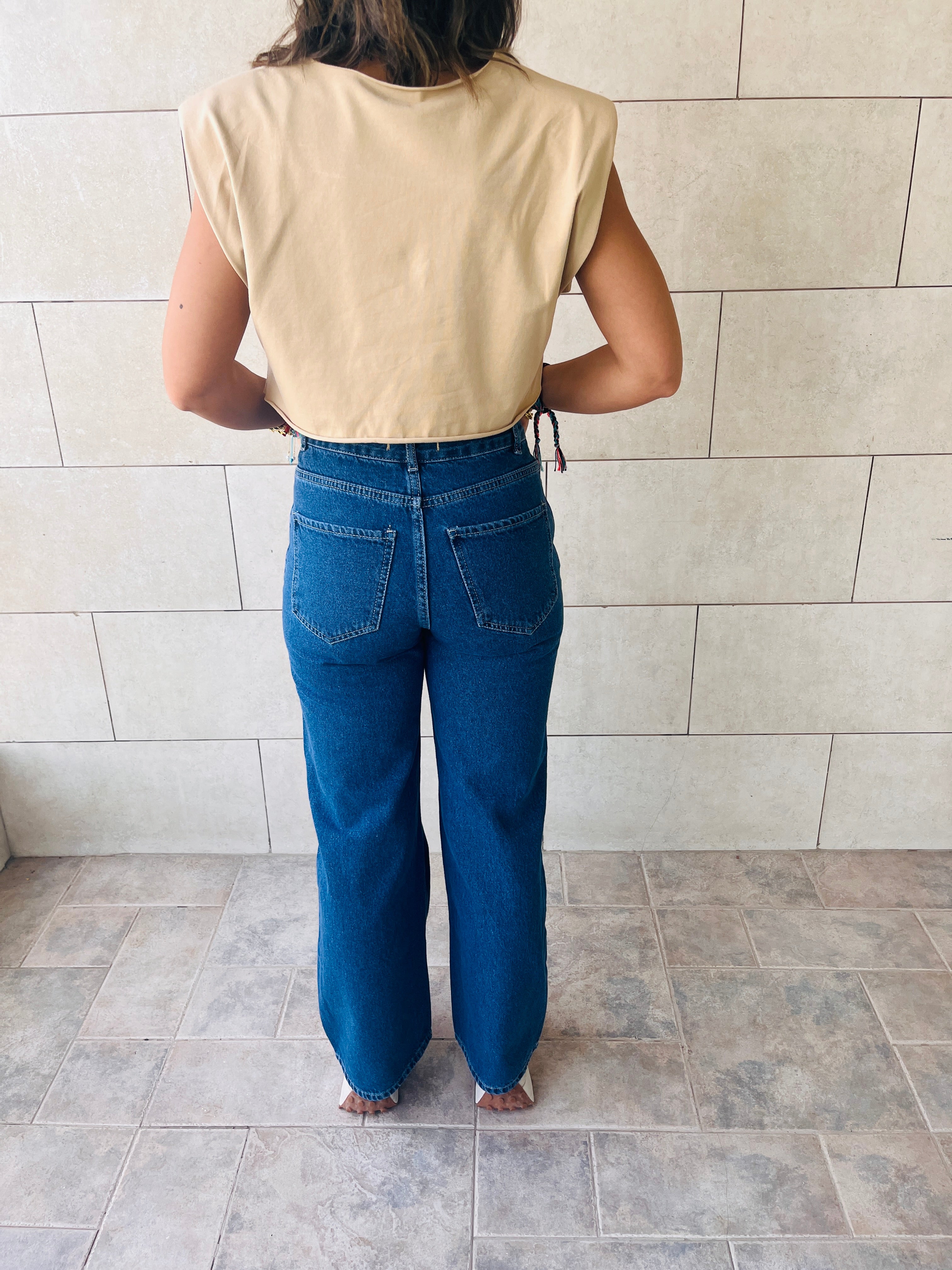 Beige Boxy Shoulder Cropped Tee