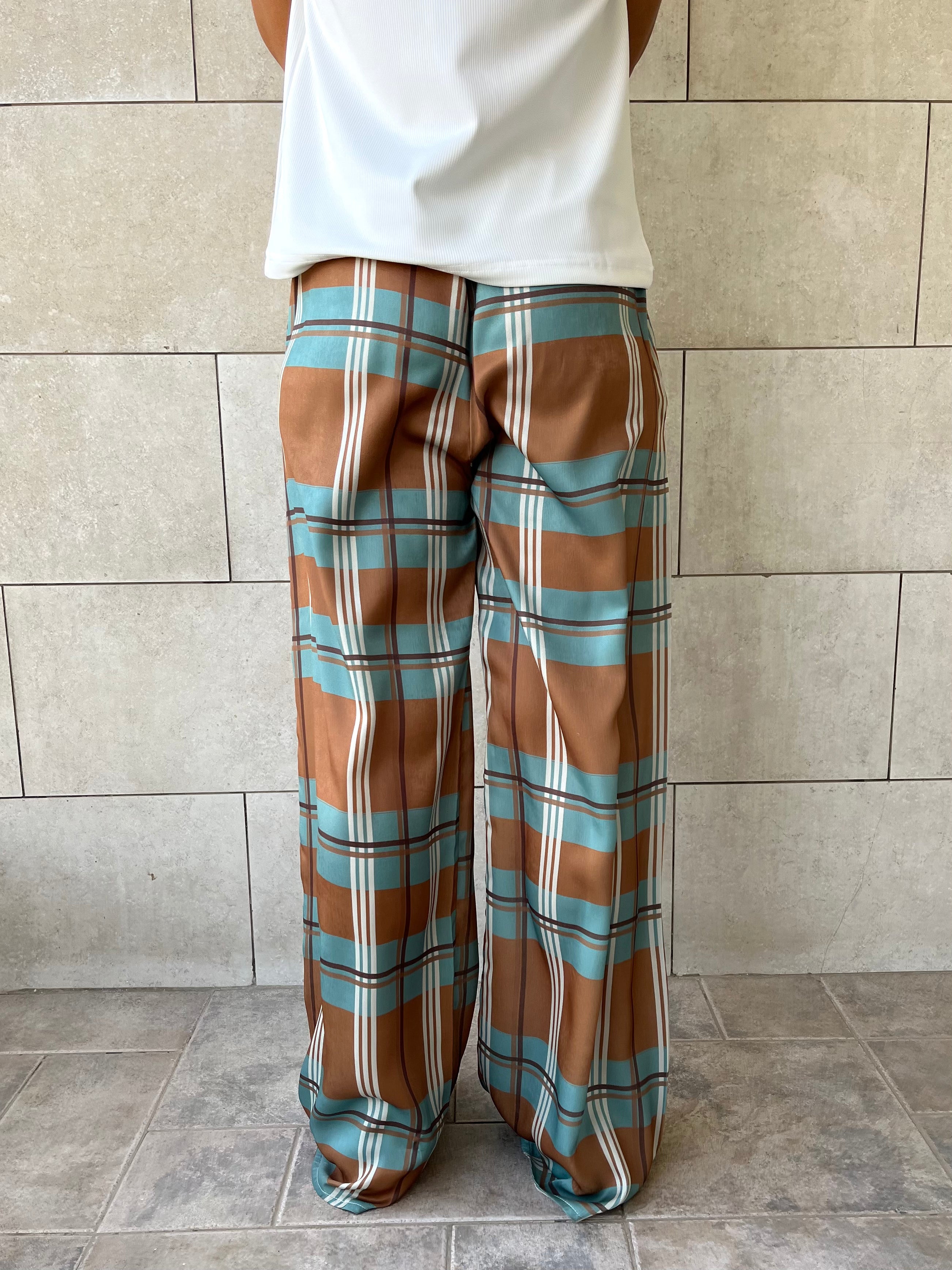 Camel Plaid Satin Rope Pants