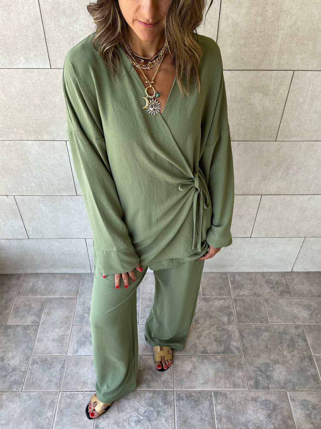 Olive Wrap Around Flowy Set