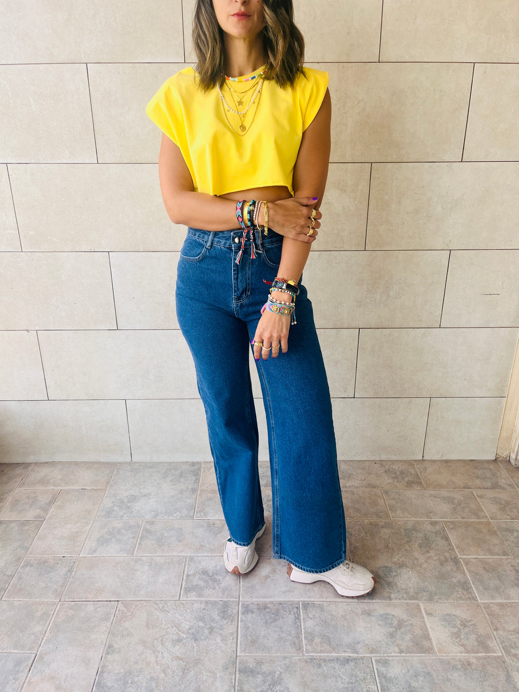 Yellow Boxy Shoulder Cropped Tee