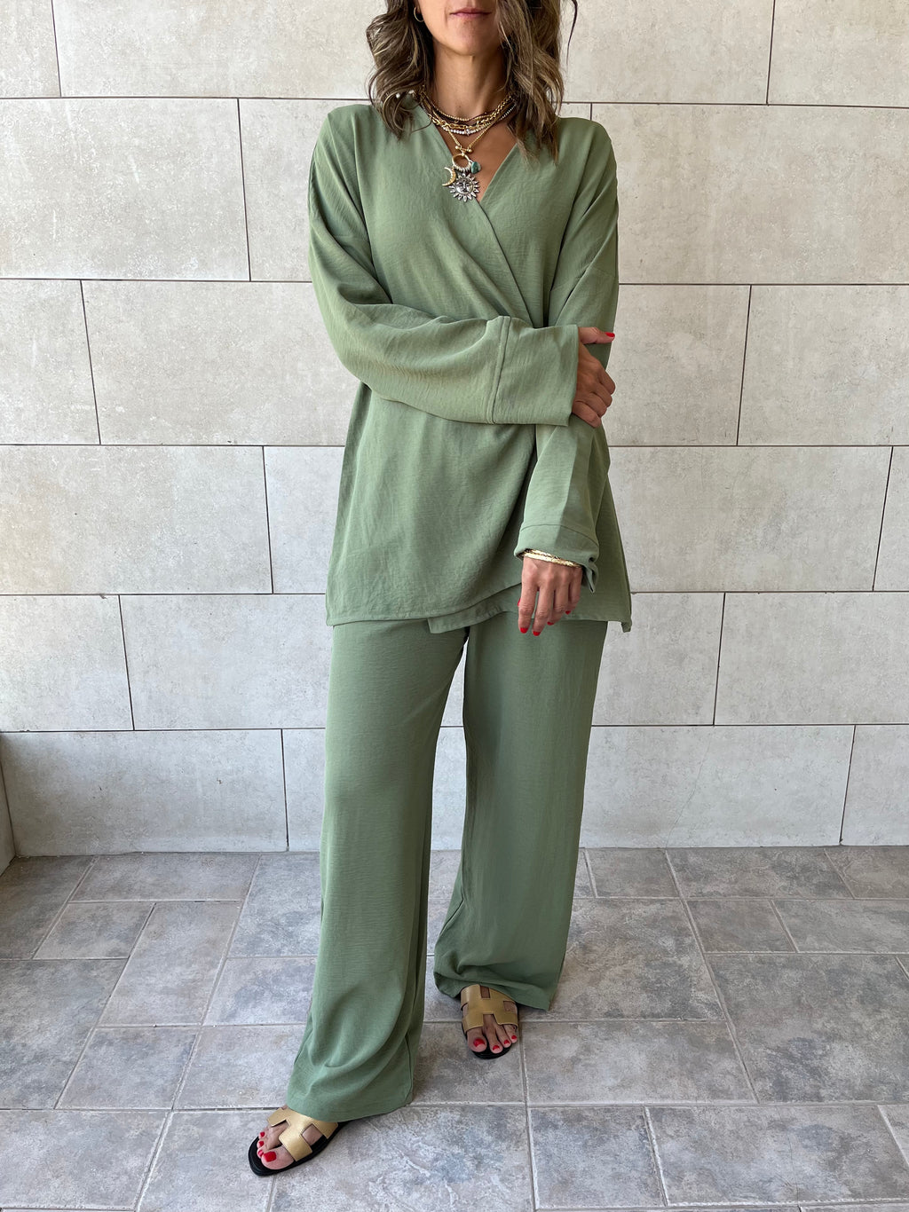 Olive Wrap Around Flowy Set