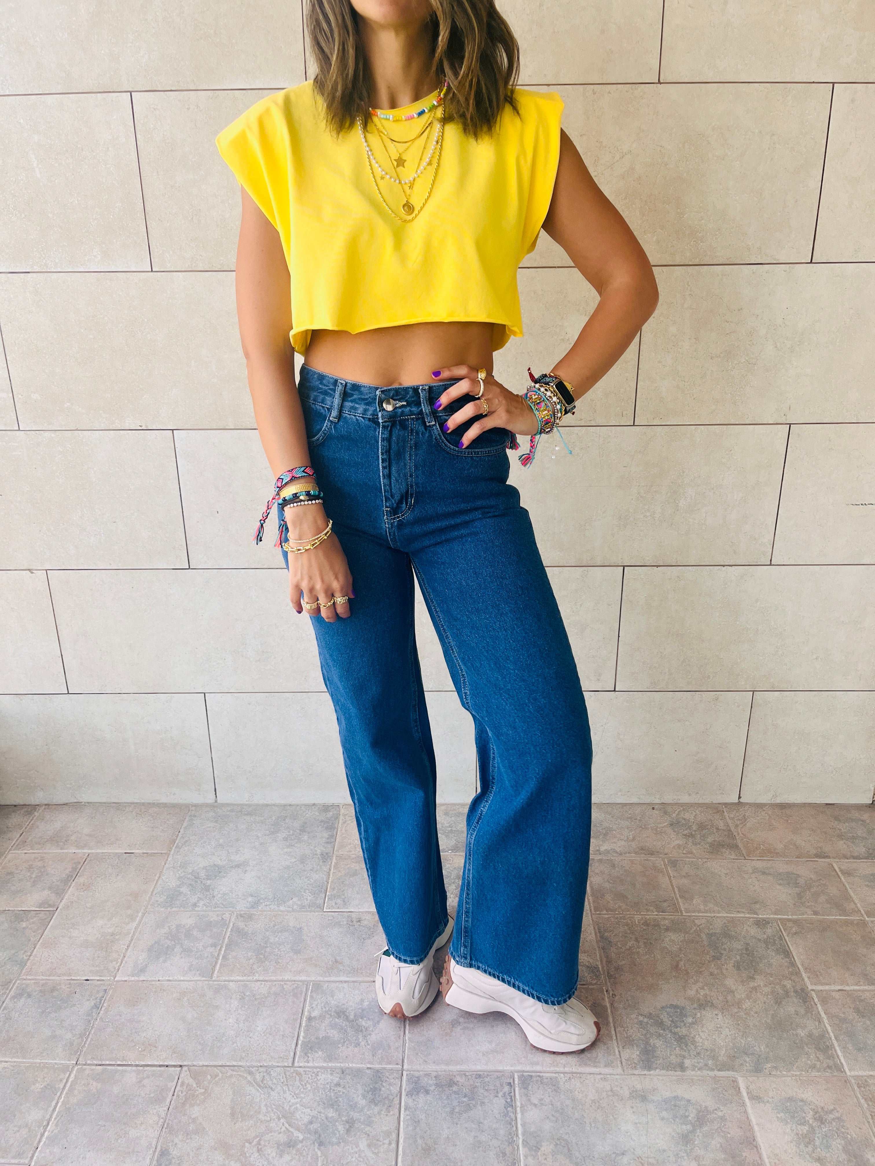 Yellow Boxy Shoulder Cropped Tee