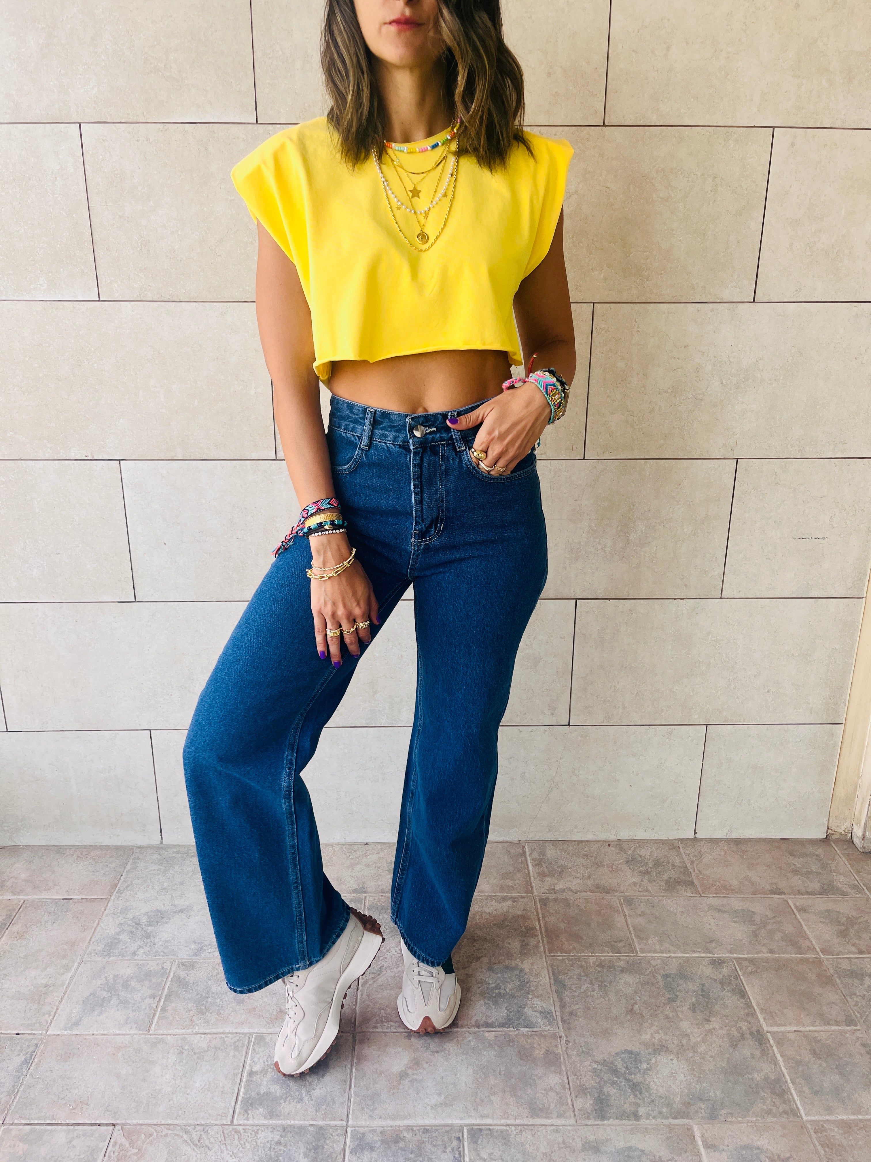 Yellow Boxy Shoulder Cropped Tee