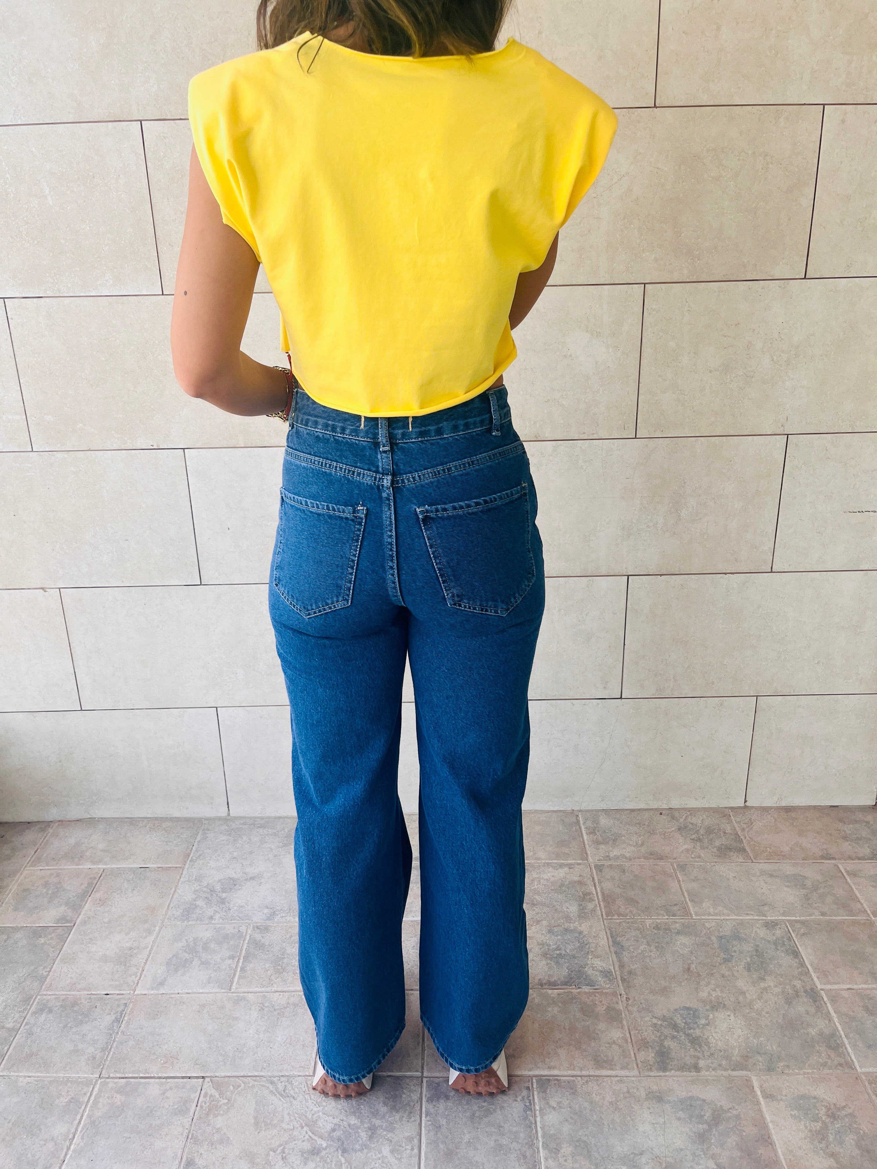 Yellow Boxy Shoulder Cropped Tee