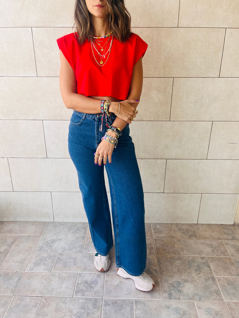 Red Boxy Shoulder Cropped Tee
