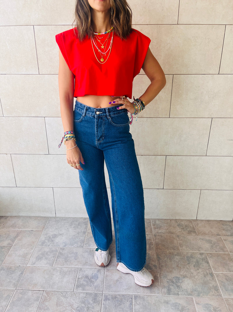 Red Boxy Shoulder Cropped Tee