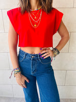 Red Boxy Shoulder Cropped Tee