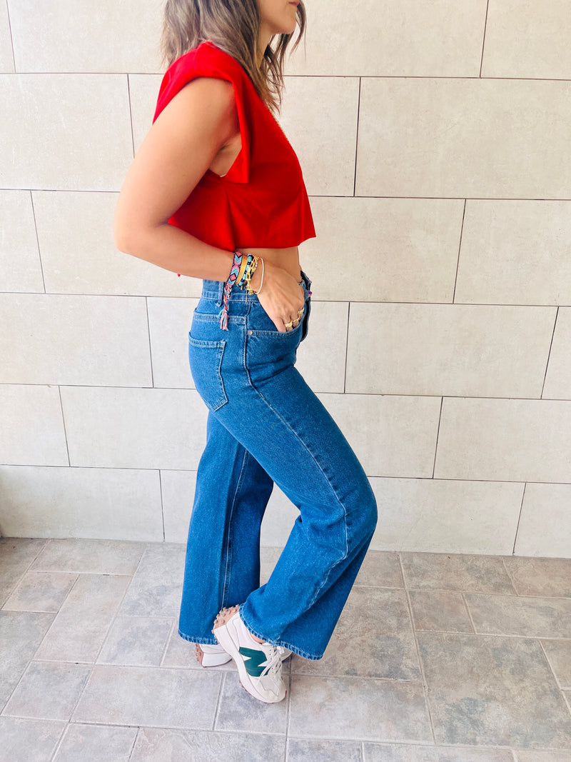 Red Boxy Shoulder Cropped Tee
