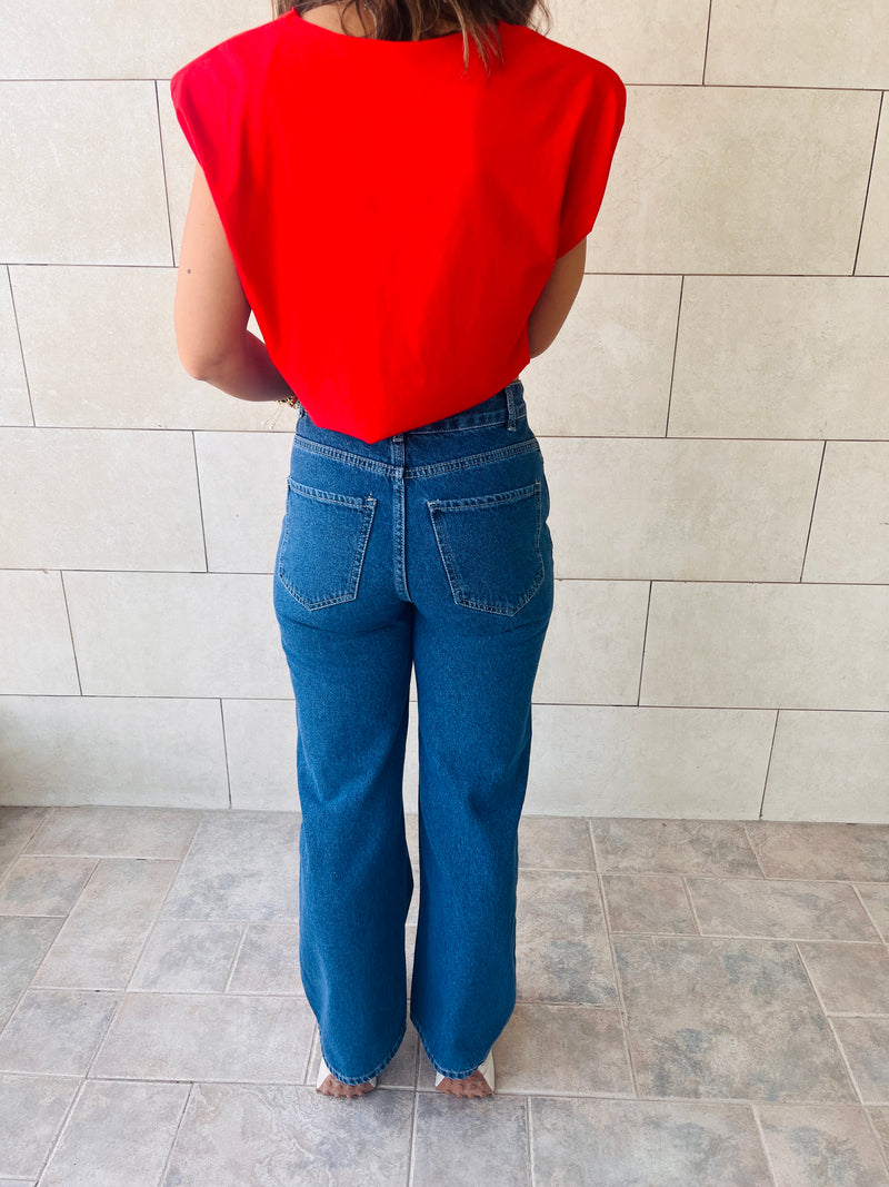 Red Boxy Shoulder Cropped Tee