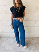 Black Boxy Shoulder Cropped Tee