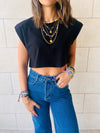 Black Boxy Shoulder Cropped Tee