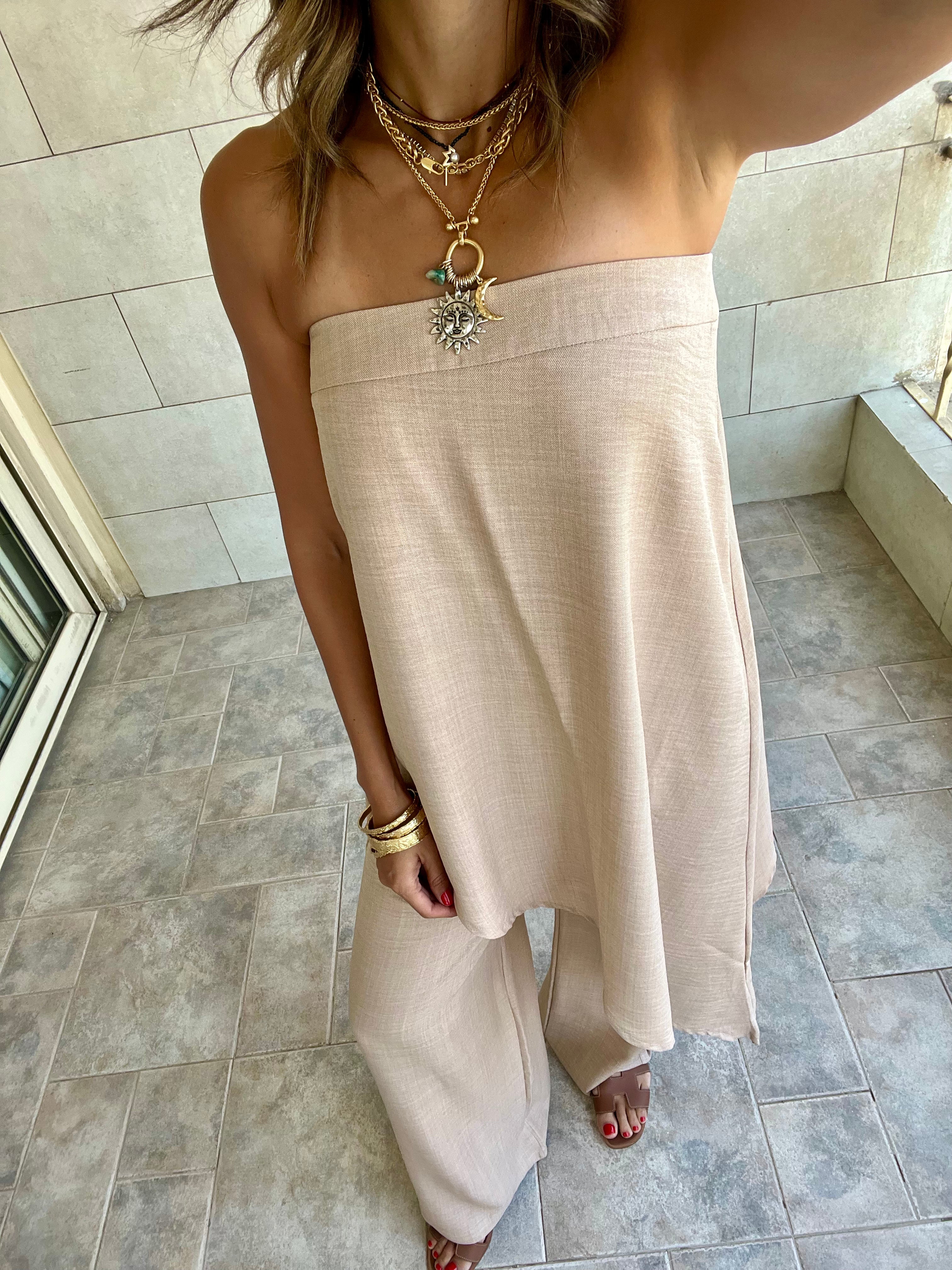 Beige Strapless Asymmetrical Set