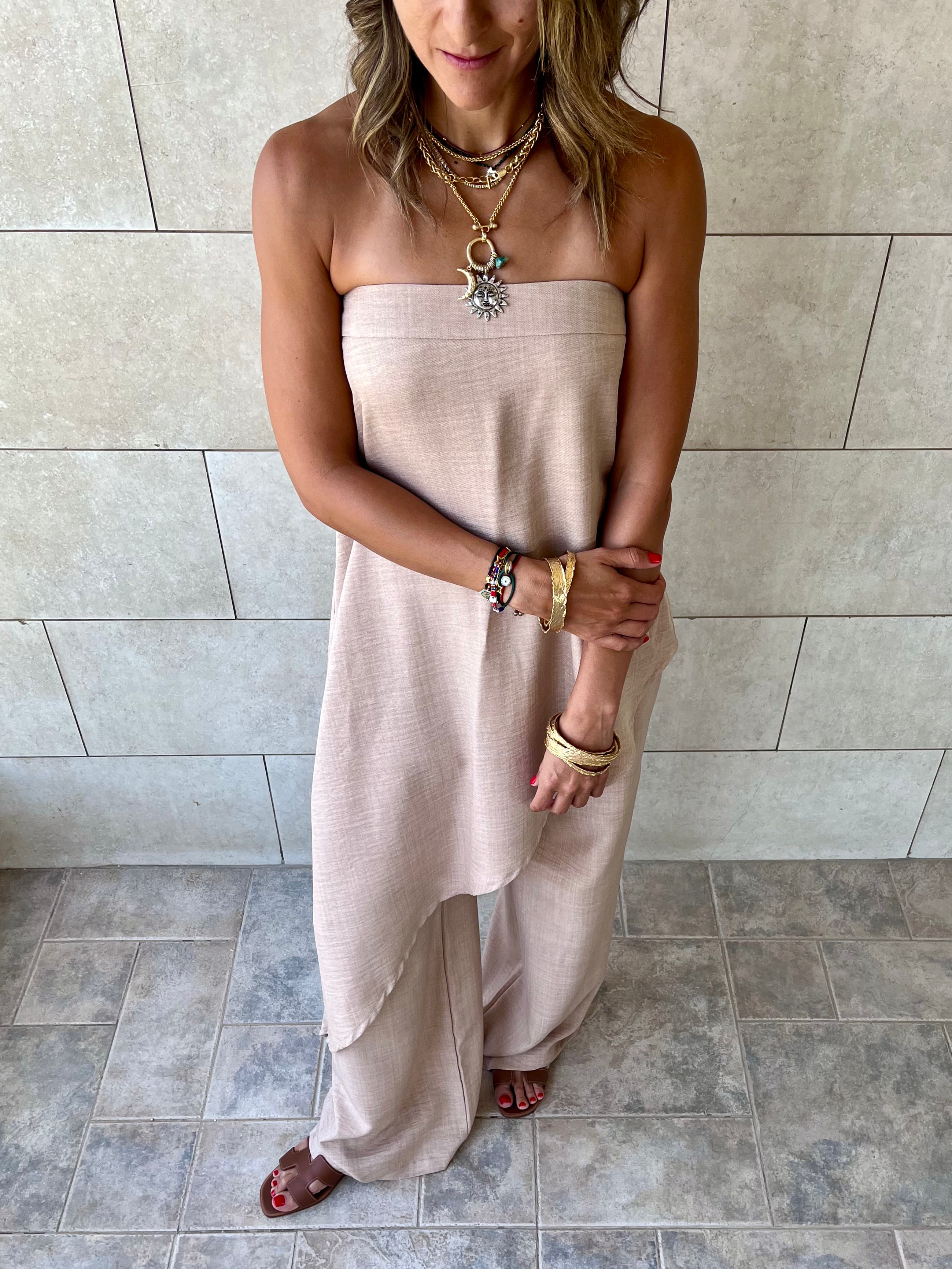 Beige Strapless Asymmetrical Set