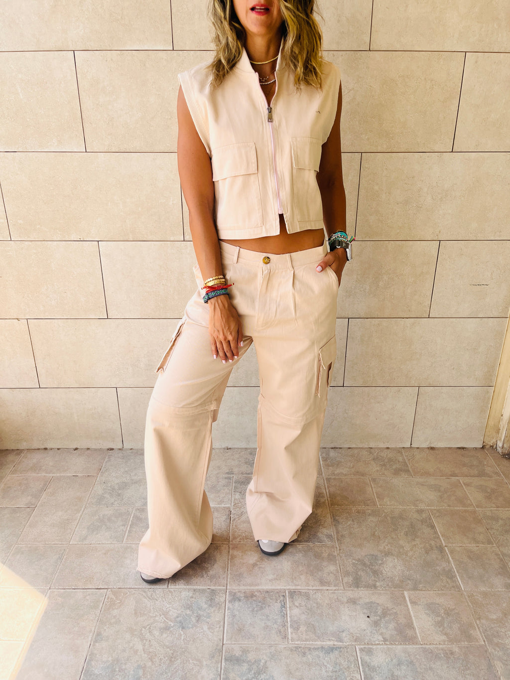 Beige Cargo Cropped Vest