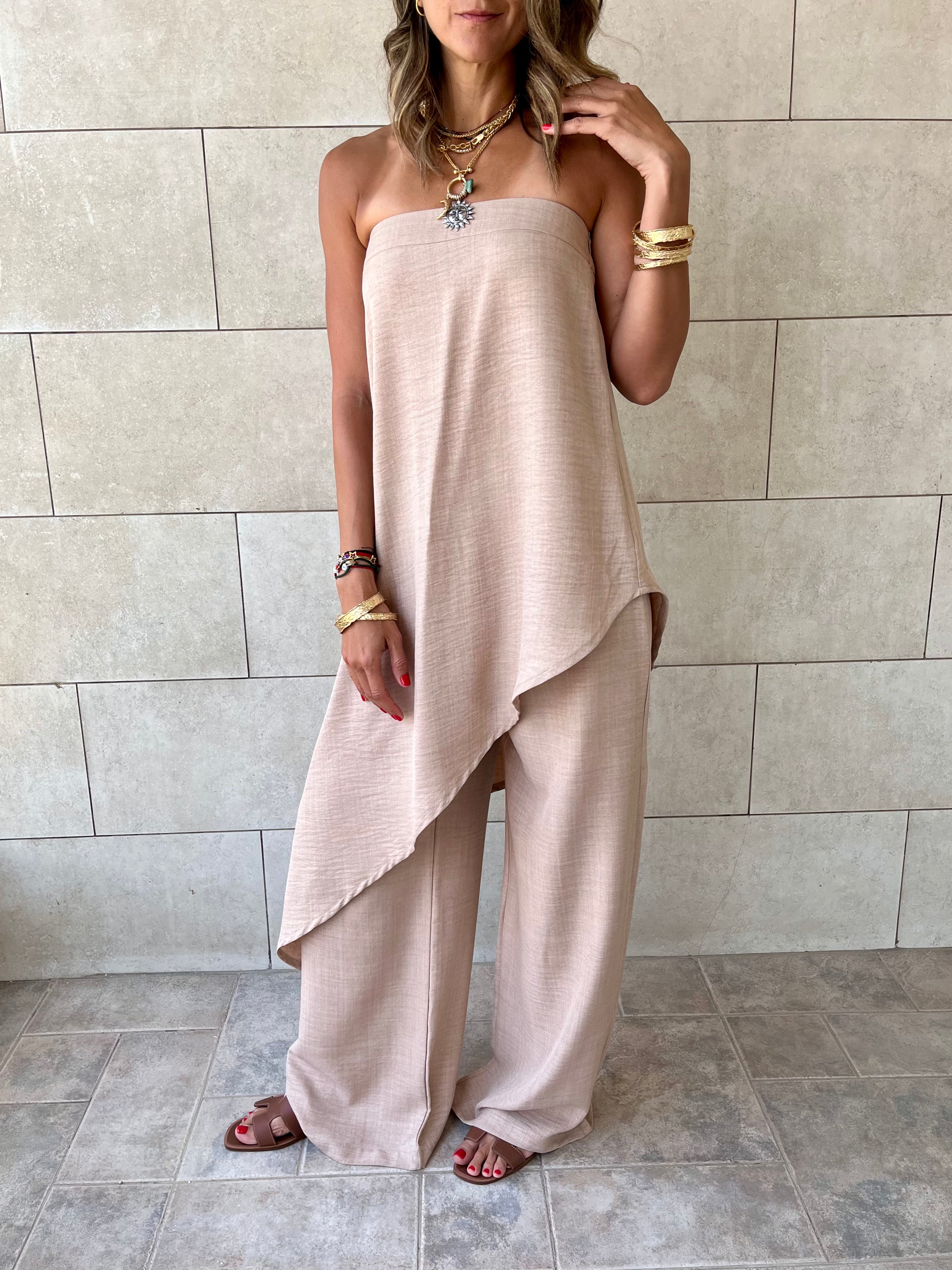 Beige Strapless Asymmetrical Set