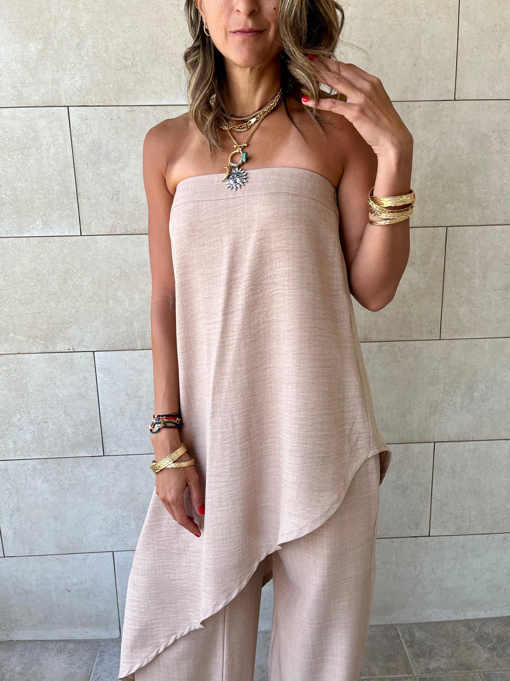 Beige Strapless Asymmetrical Set