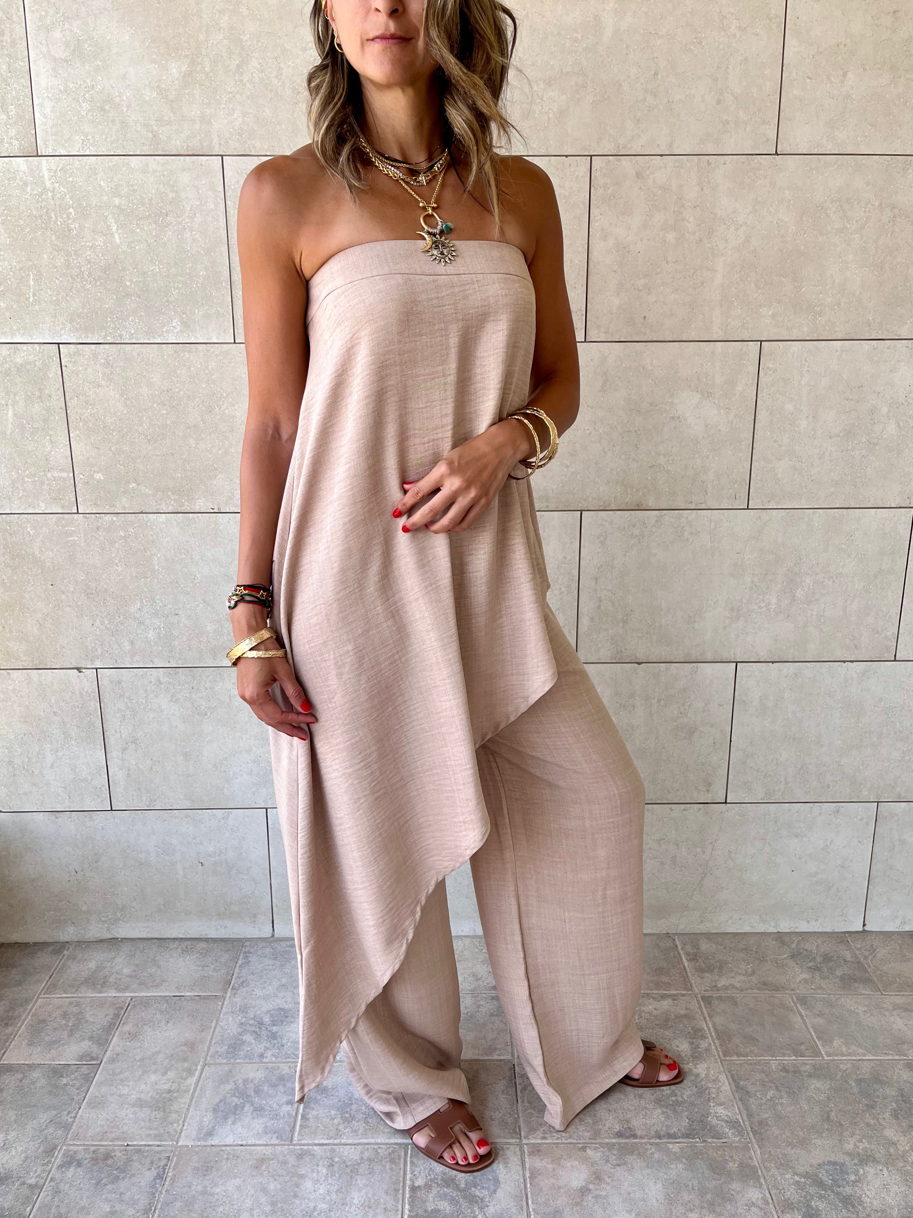 Beige Strapless Asymmetrical Set