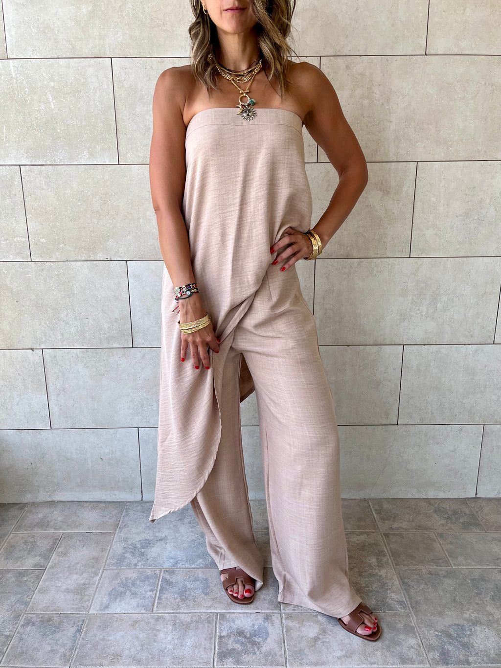 Beige Strapless Asymmetrical Set