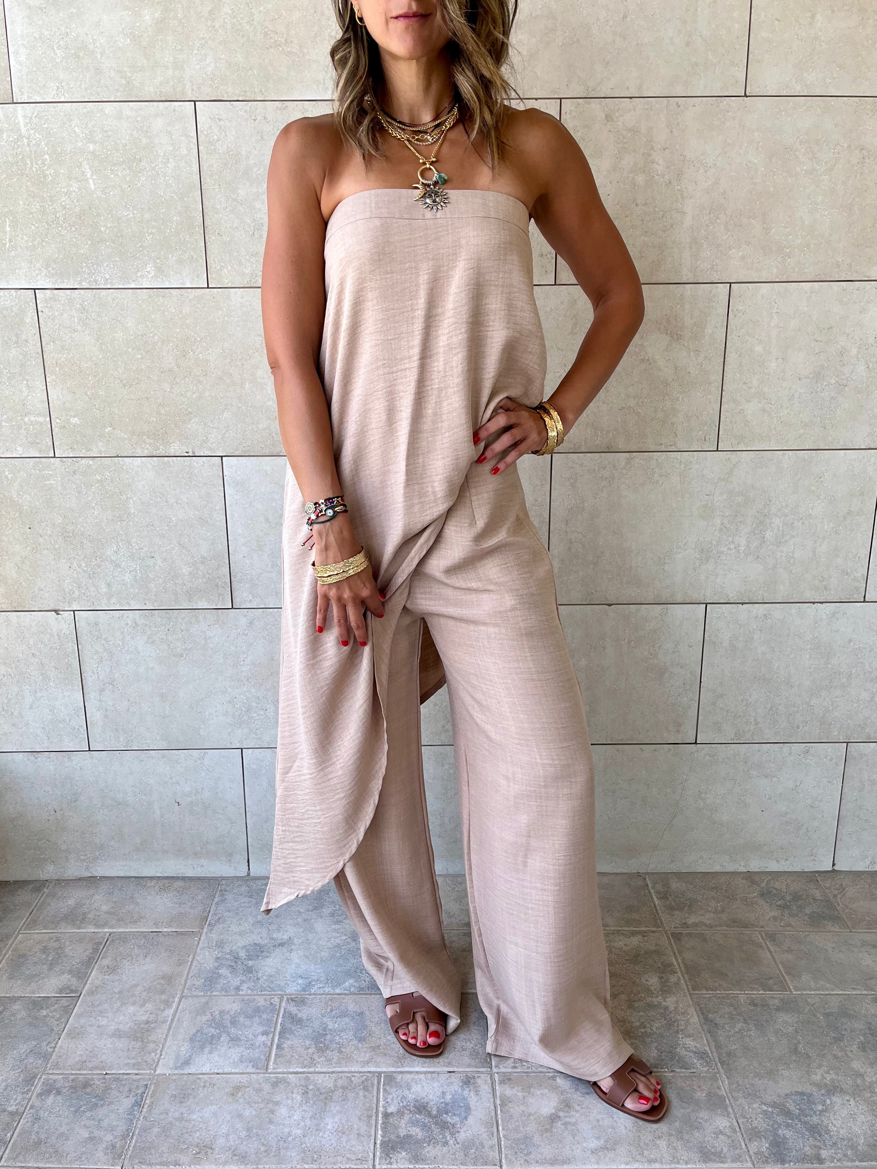 Beige Strapless Asymmetrical Set