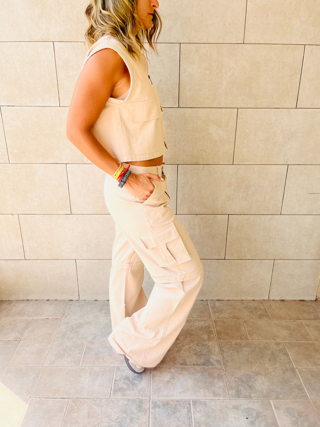 Beige Cargo Cropped Vest