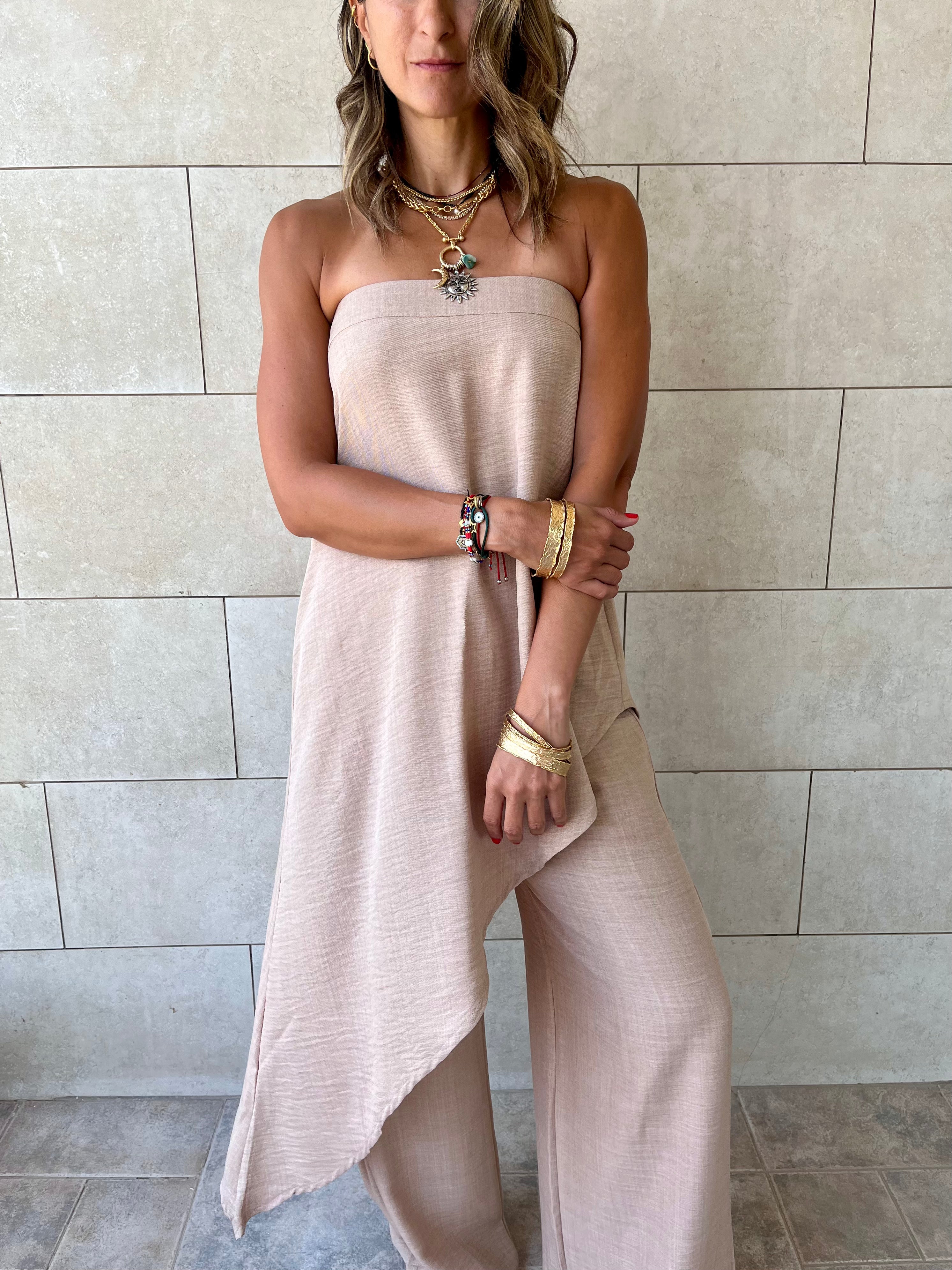 Beige Strapless Asymmetrical Set