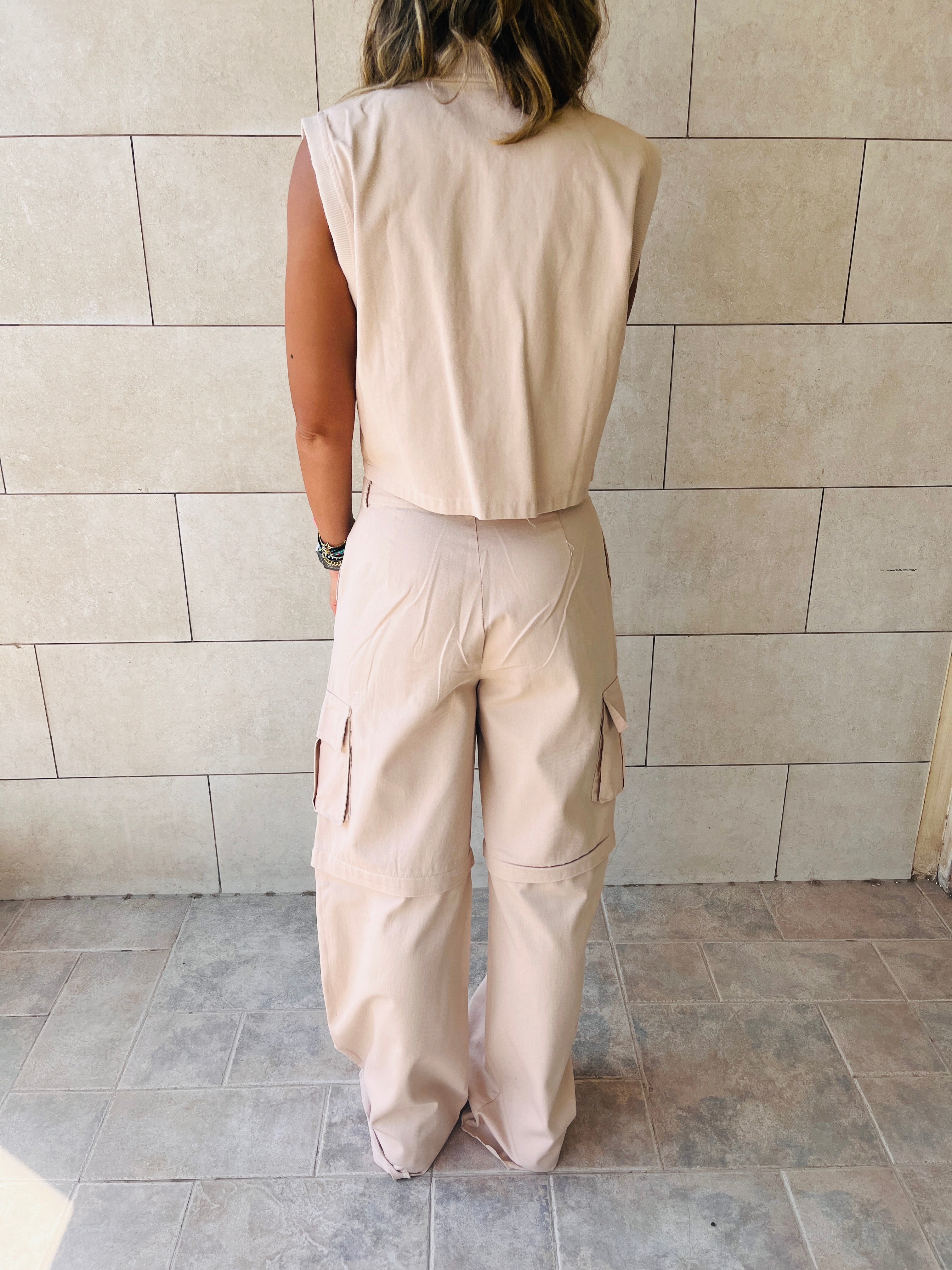 Beige Cargo Cropped Vest