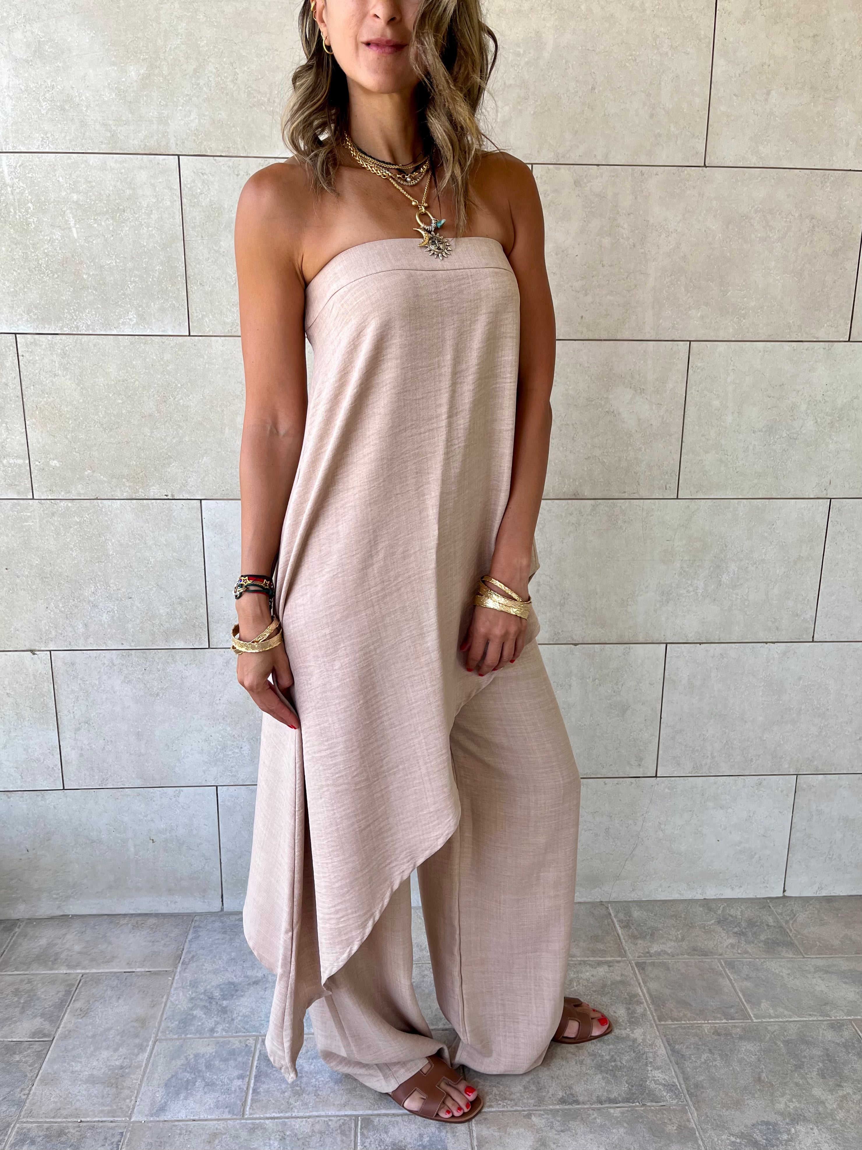 Beige Strapless Asymmetrical Set