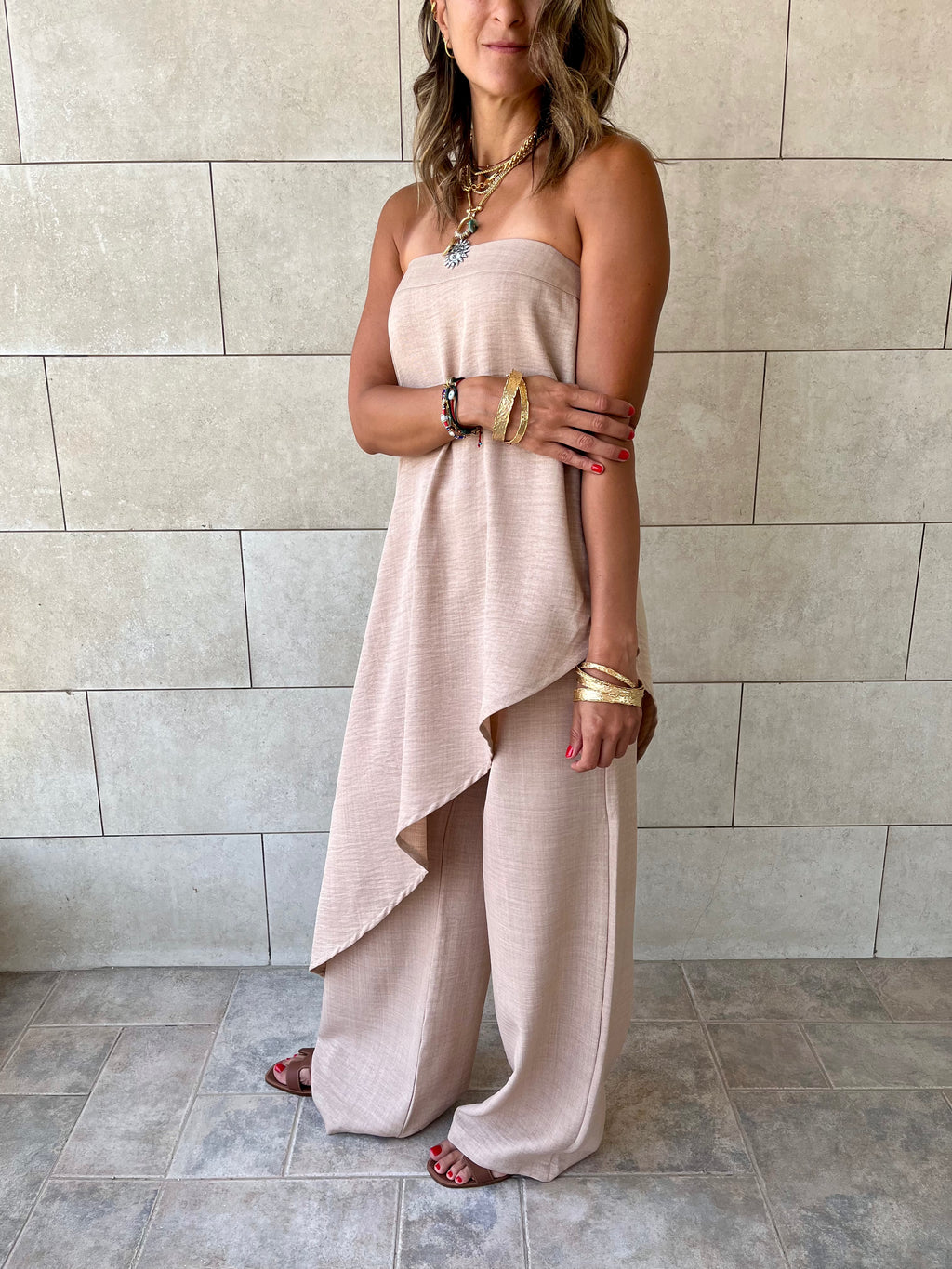 Beige Strapless Asymmetrical Set