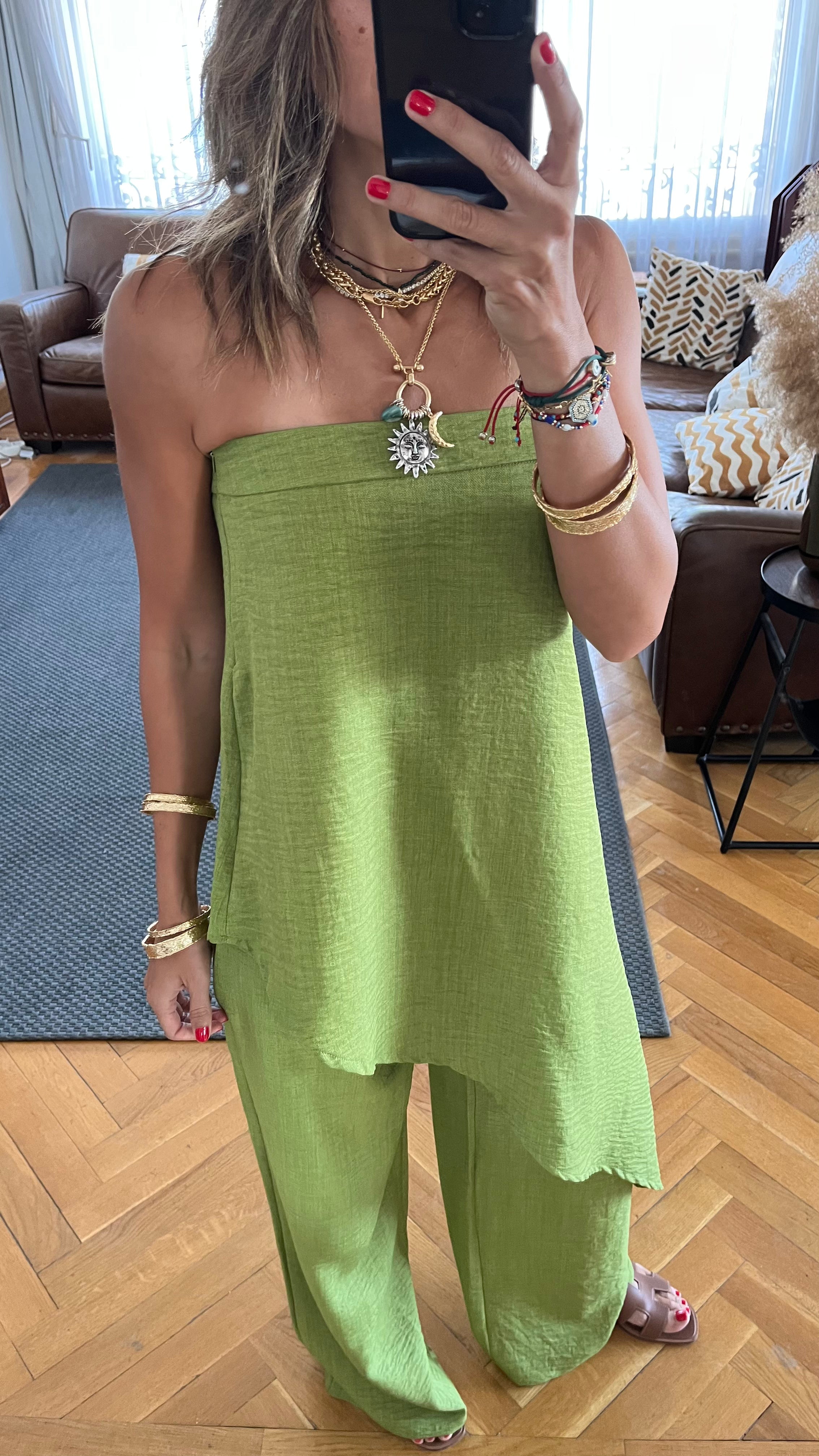 Lime Strapless Asymmetrical Set