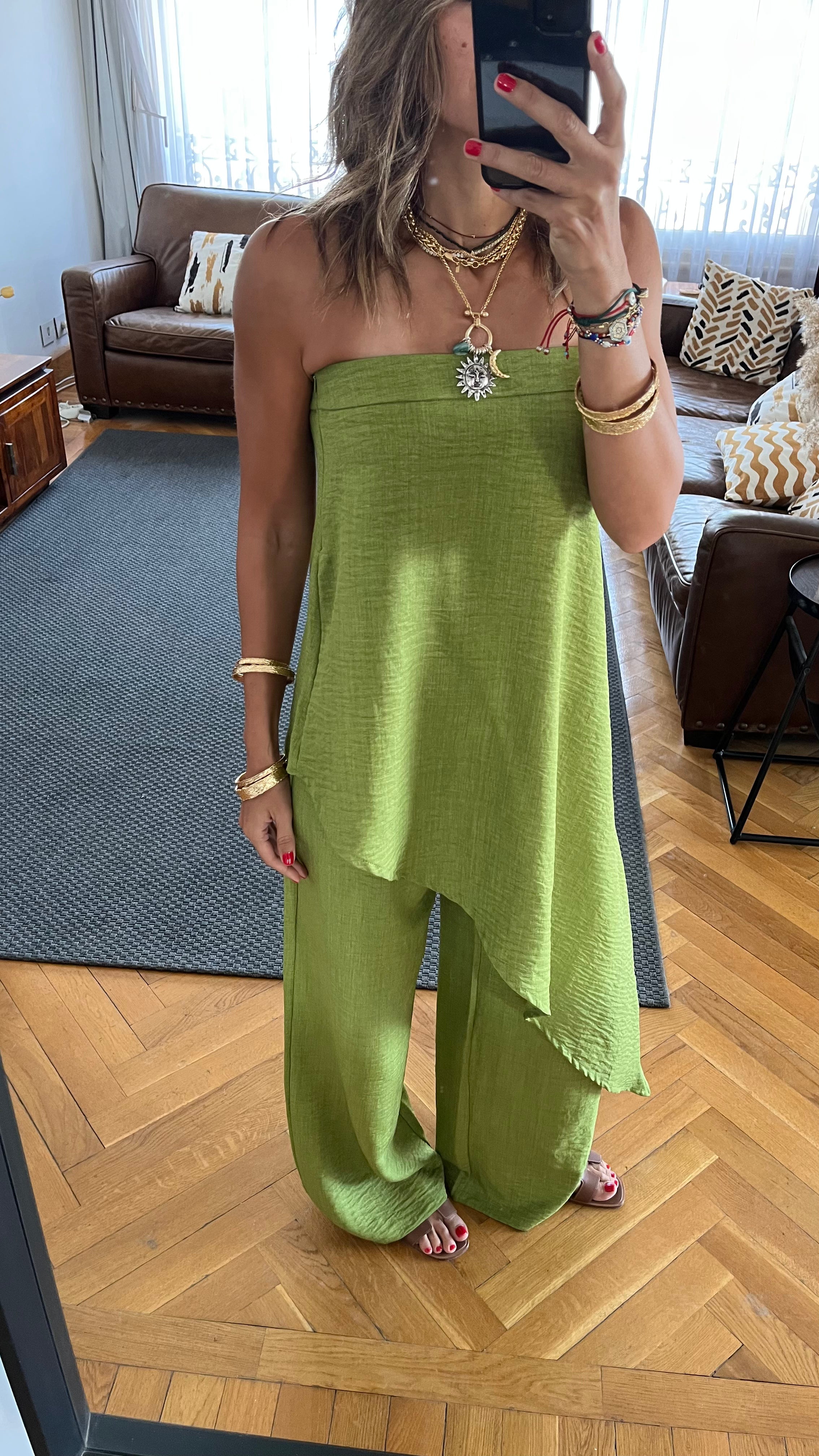 Lime Strapless Asymmetrical Set